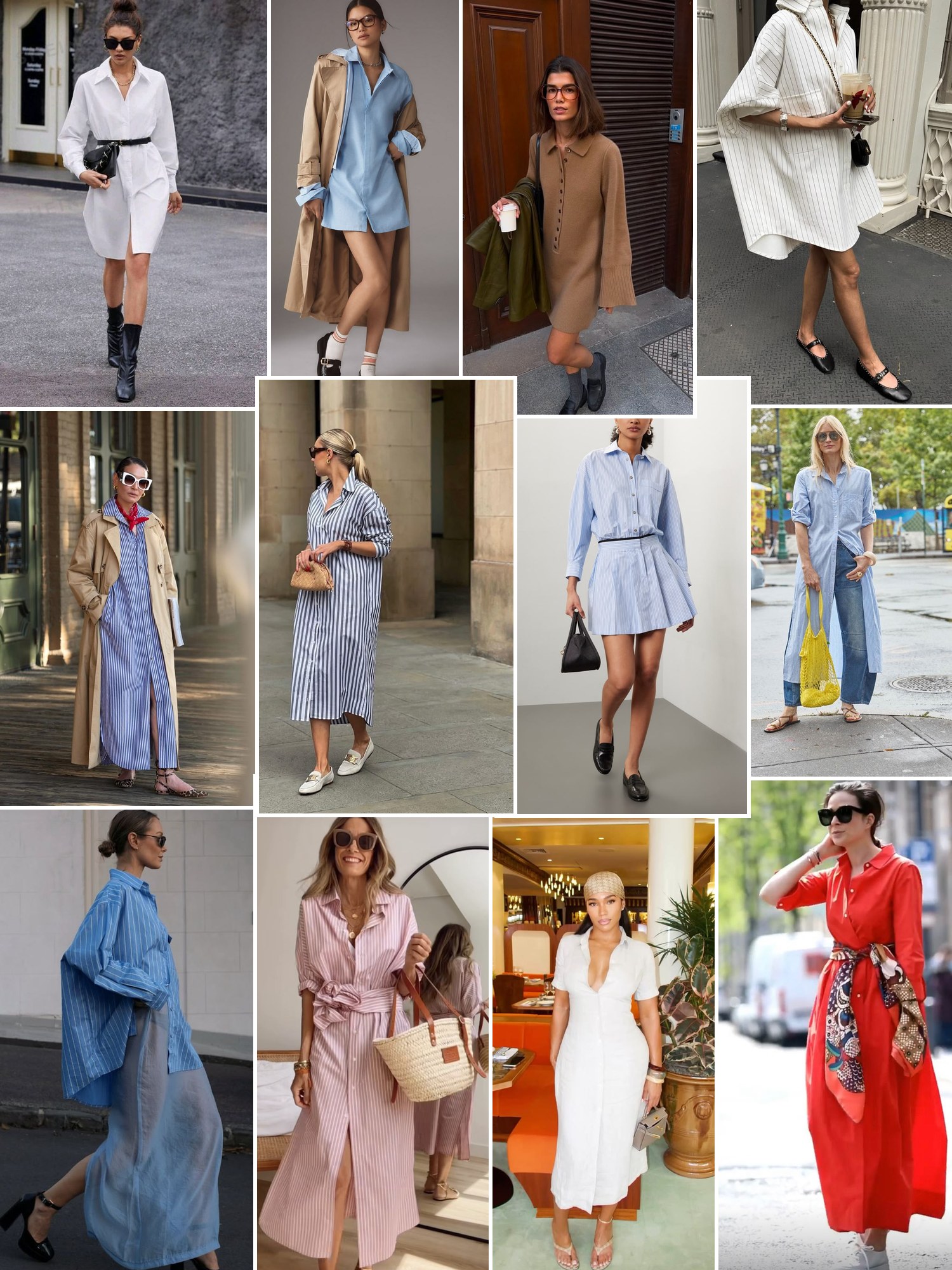 Collage of shirt dresses with loafers and boots