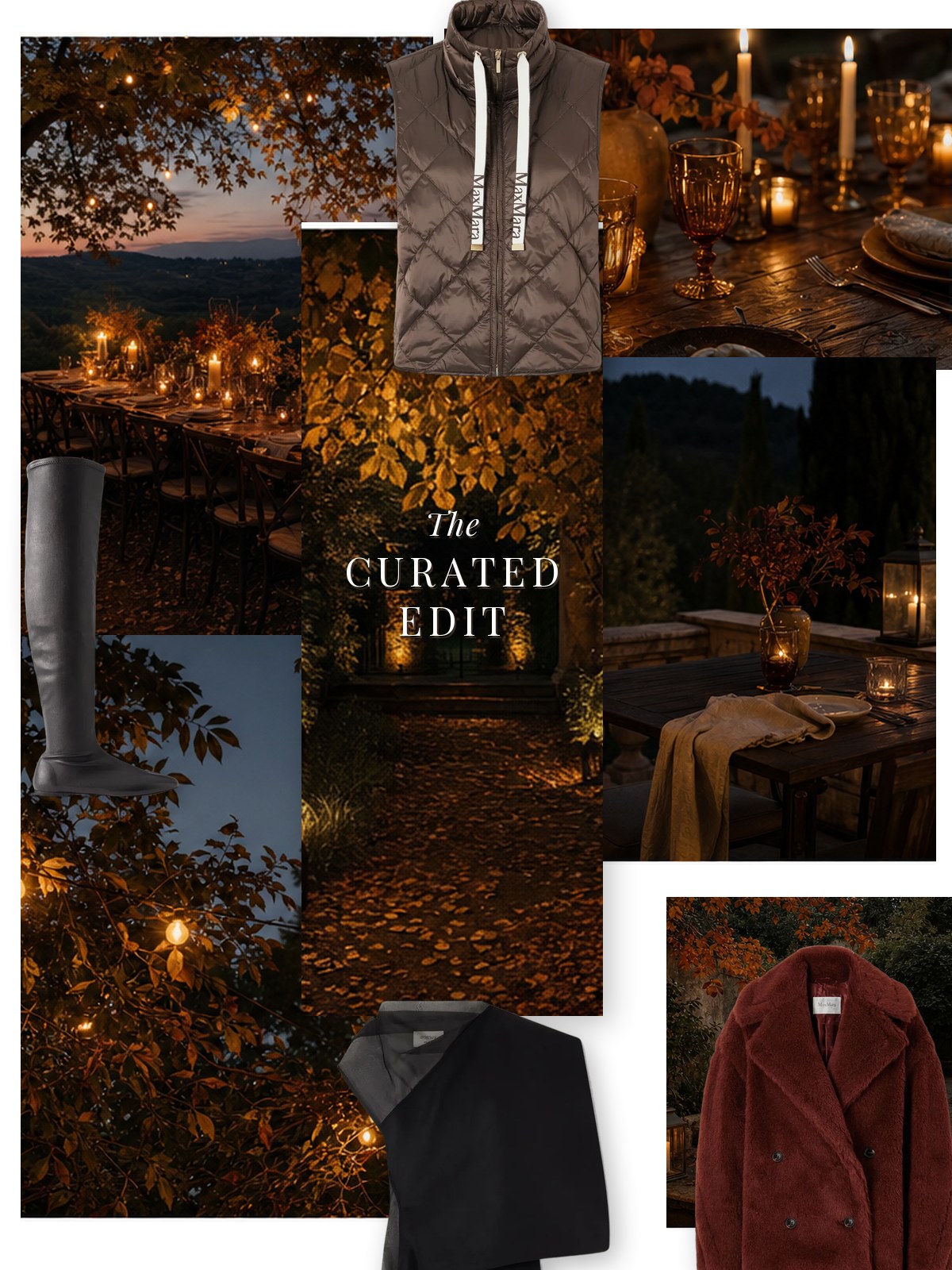 Photo moodboard overlay featuring Leather over-the-knee boots, Cesto draped virgin wool and silk mini dress by Toteme, Sportmax, Max Mara.