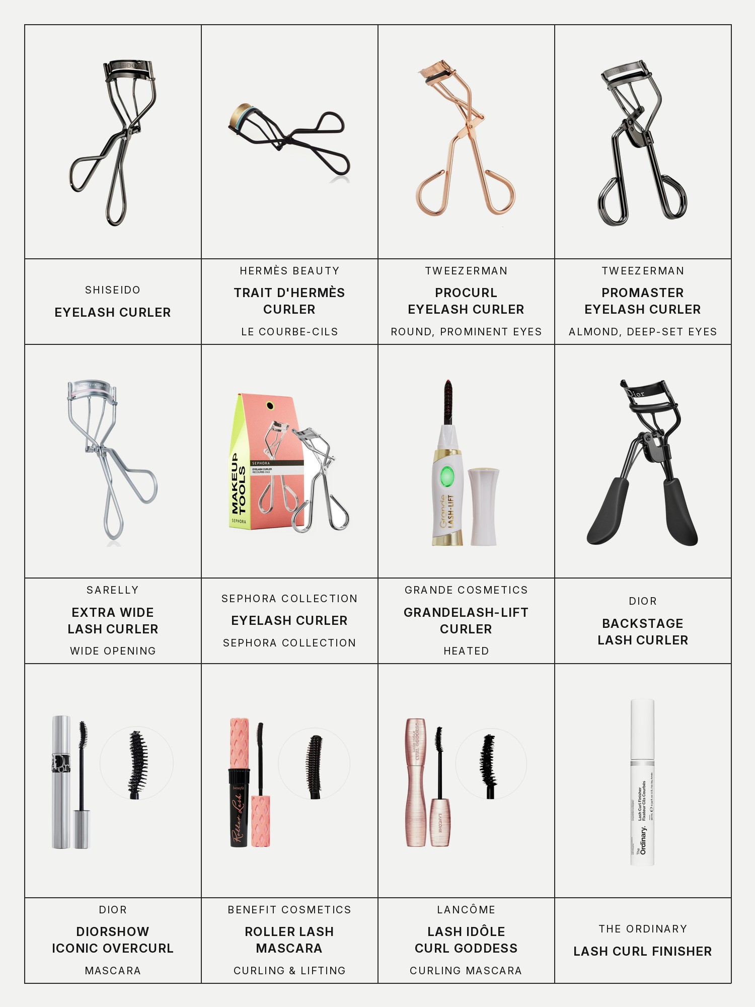 Twelve boxes on a pale grey page, one for each product in this edit, each with its brand and name printed below: Shiseido Eyelash Curler, Hermès Beauty Trait d'Hermès, Le Courbe-cils Eyelash Curler, Tweezerman ProCurl Eyelash Curler for Round & Prominent Eyes, Tweezerman ProMaster Eyelash Curler for Almond & Deep-Set Eyes, Sarelly Extra Wide Opening Lash Curler, Sephora Collection Eyelash Curler, Grande Cosmetics GrandeLASH-Lift Heated Lash Curler, Dior Backstage Lash Curler, Diorshow Iconic Overcurl Mascara, Benefit Cosmetics Roller Lash Curling & Lifting Mascara, Lancôme Lash Idôle Curl Goddess Curling & Volumizing Mascara and The Ordinary Lash Curl Finisher.