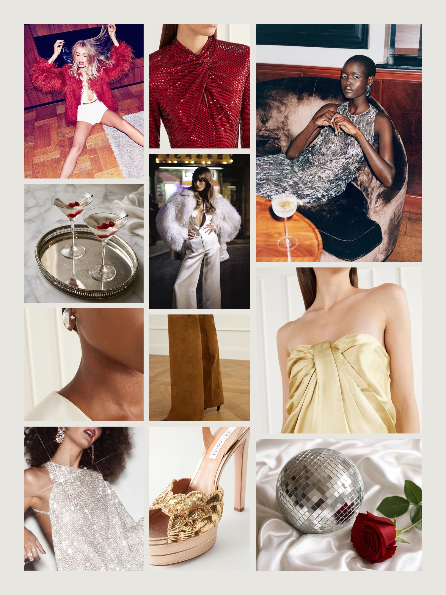 Mood board of disco outfits in silver and white with a red accent