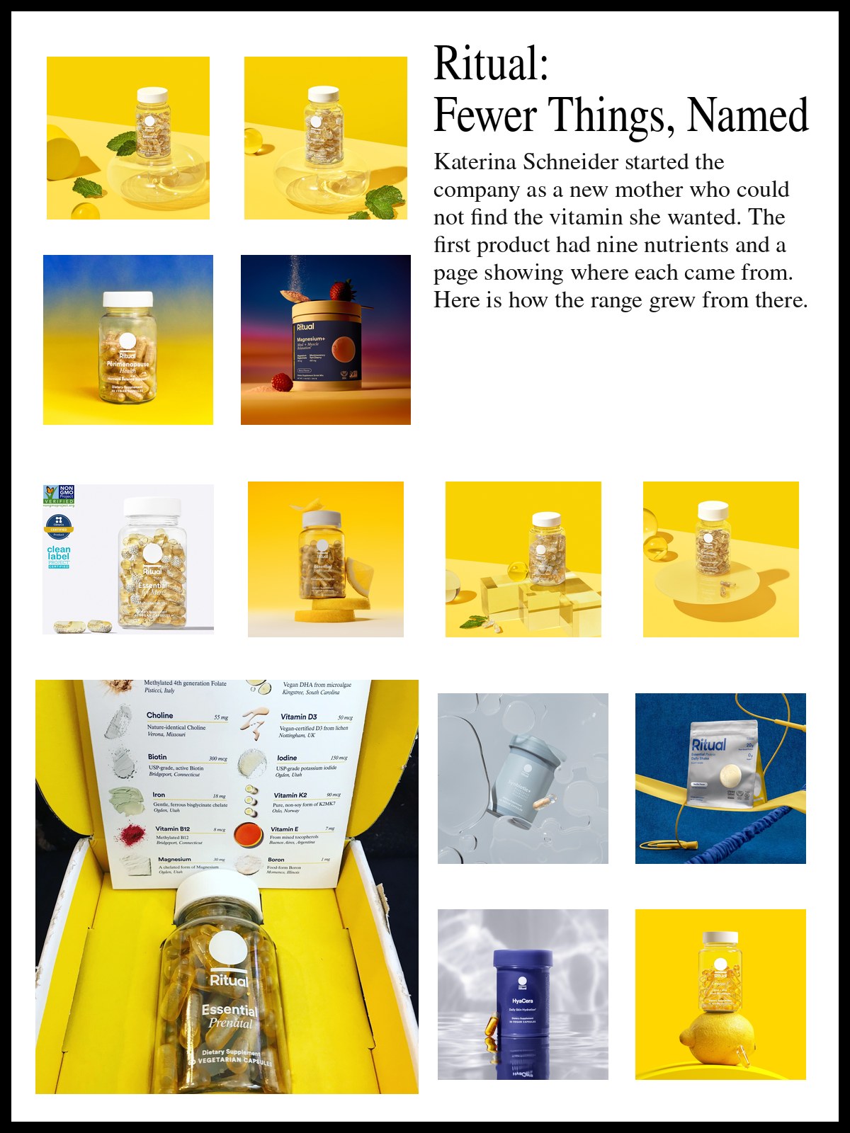 Collage of Ritual multivitamins, prenatal and postnatal formulas and daily supplements beside a photo of gold-capped makeup, a black heeled mule, a brush and a compact leaning together against a gray-blue backdrop.