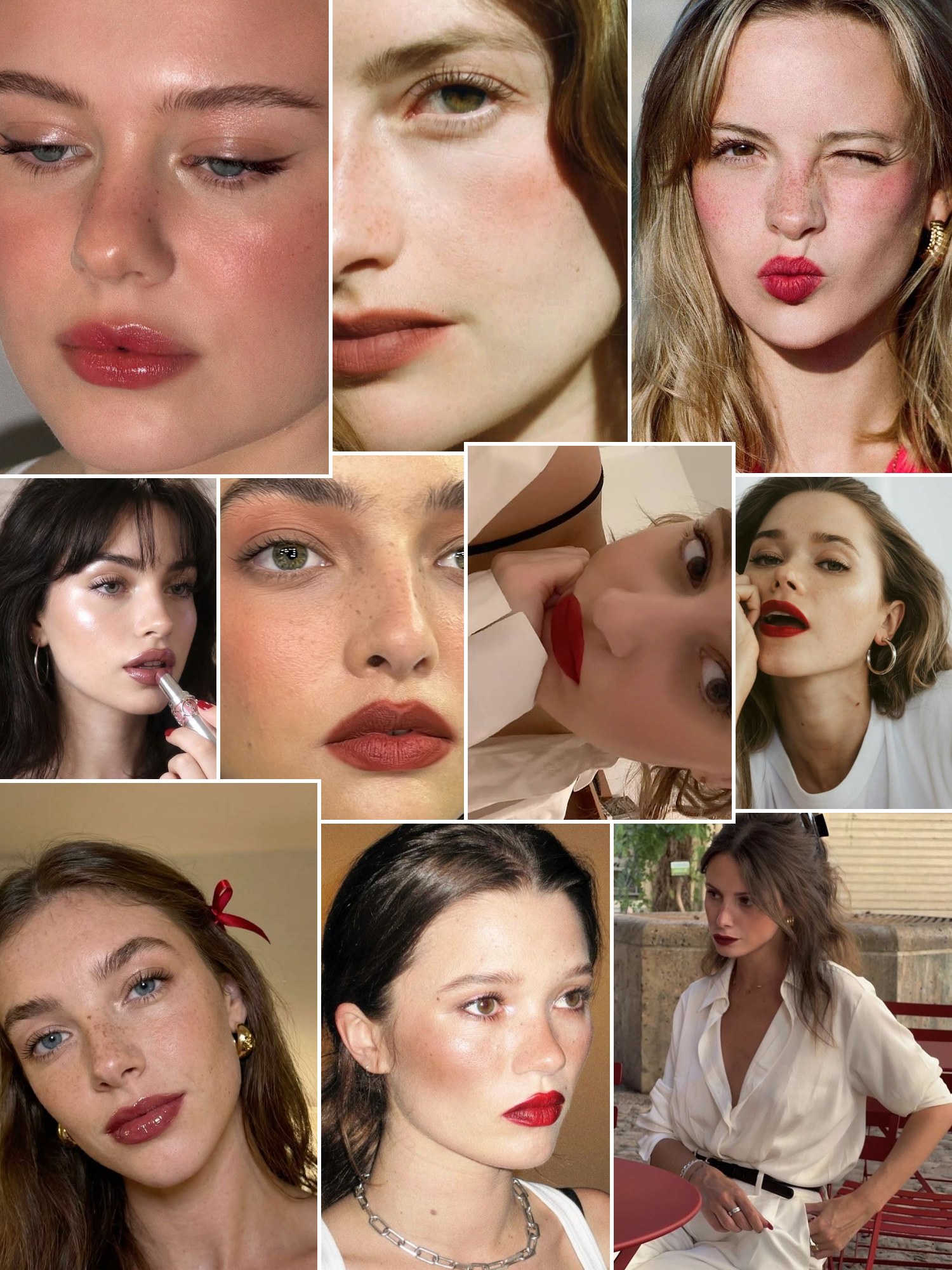 Collage of everyday outfits built around French makeup