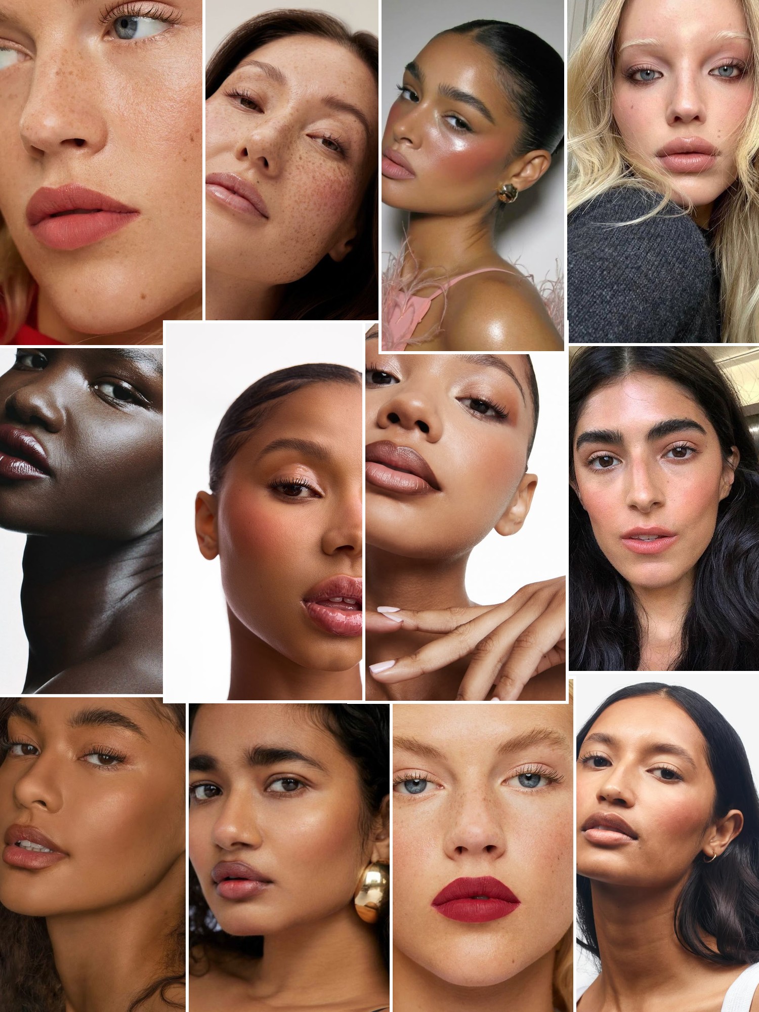 Collage of natural beauty portraits with luminous skin, soft blush, and expressive lip colors