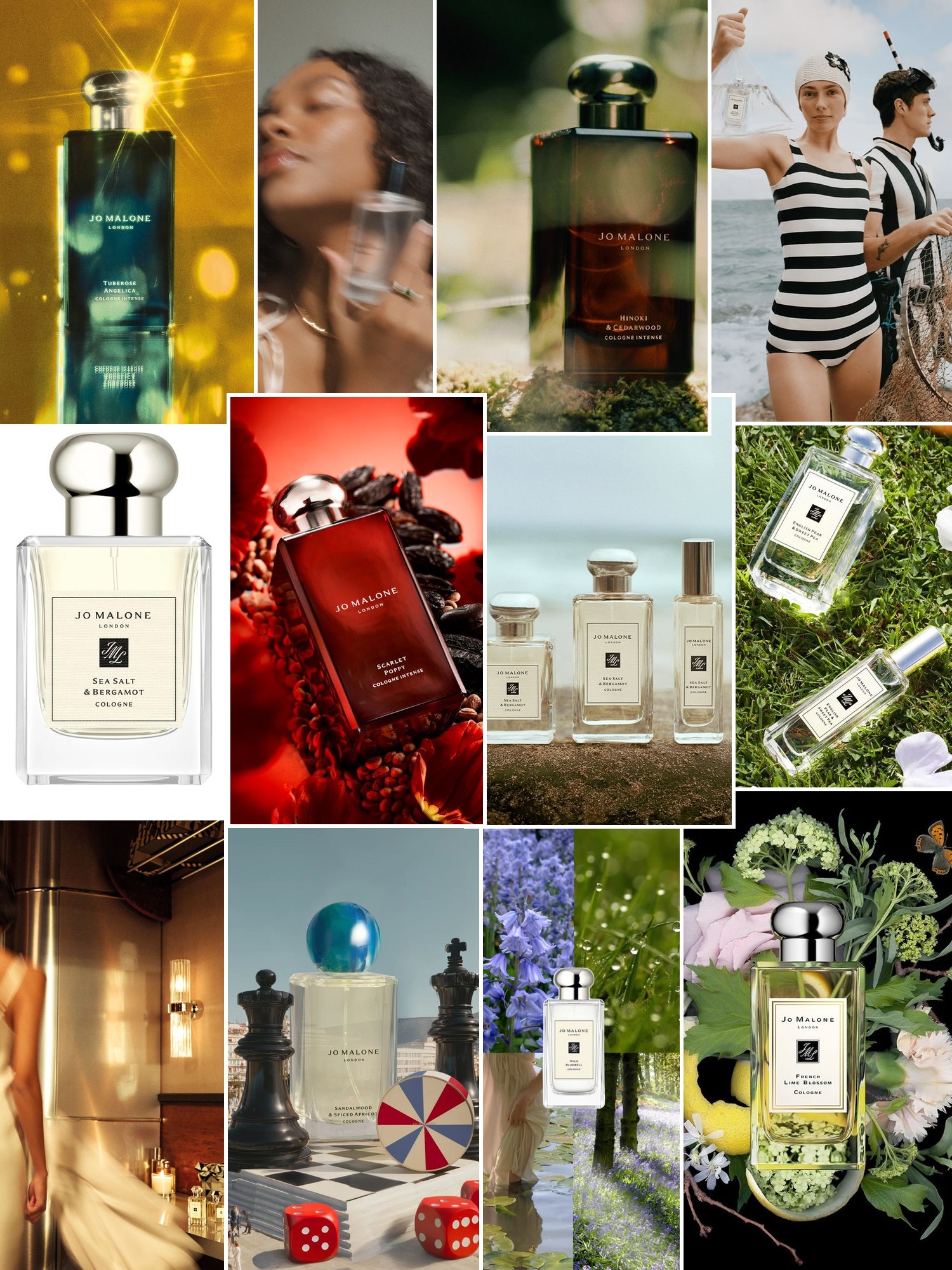 Collage of fragrance bottles in garden, sea, and warm light settings with quiet beauty moments