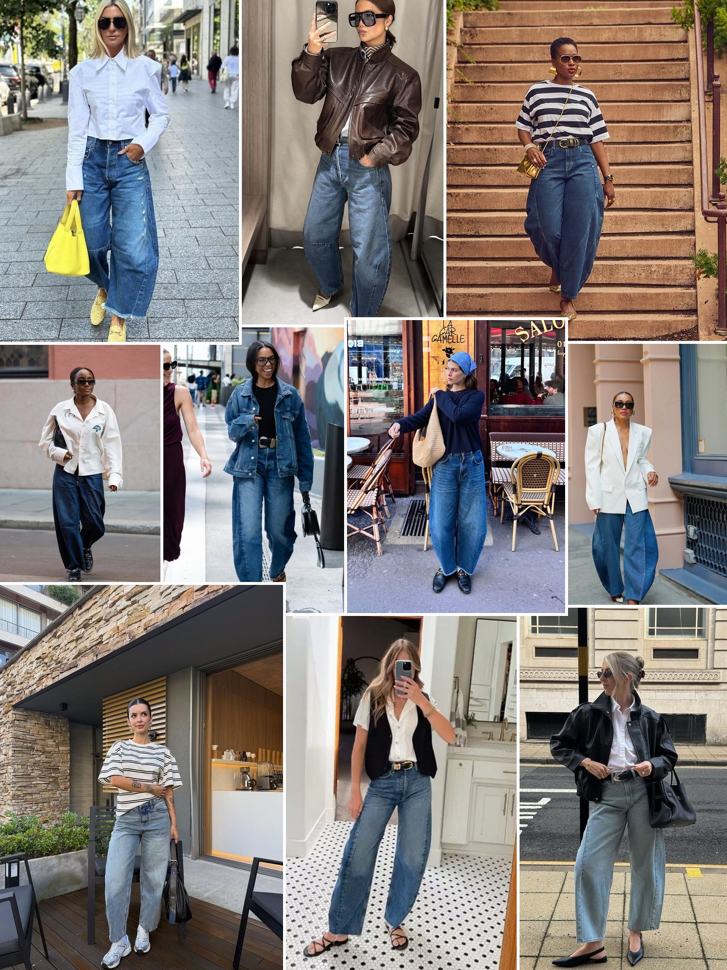 Street style collage of barrel jeans outfits