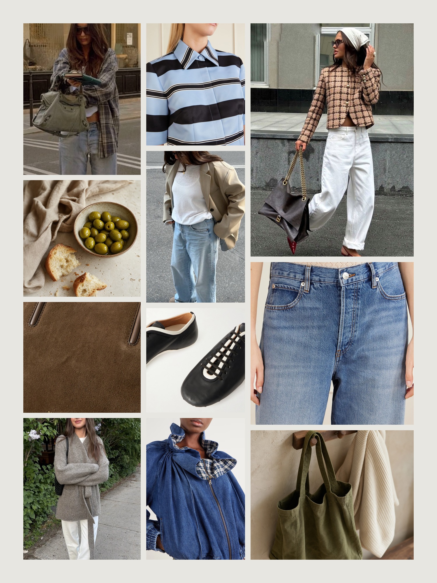 Mood board of casual outfits in olive, tan and cream