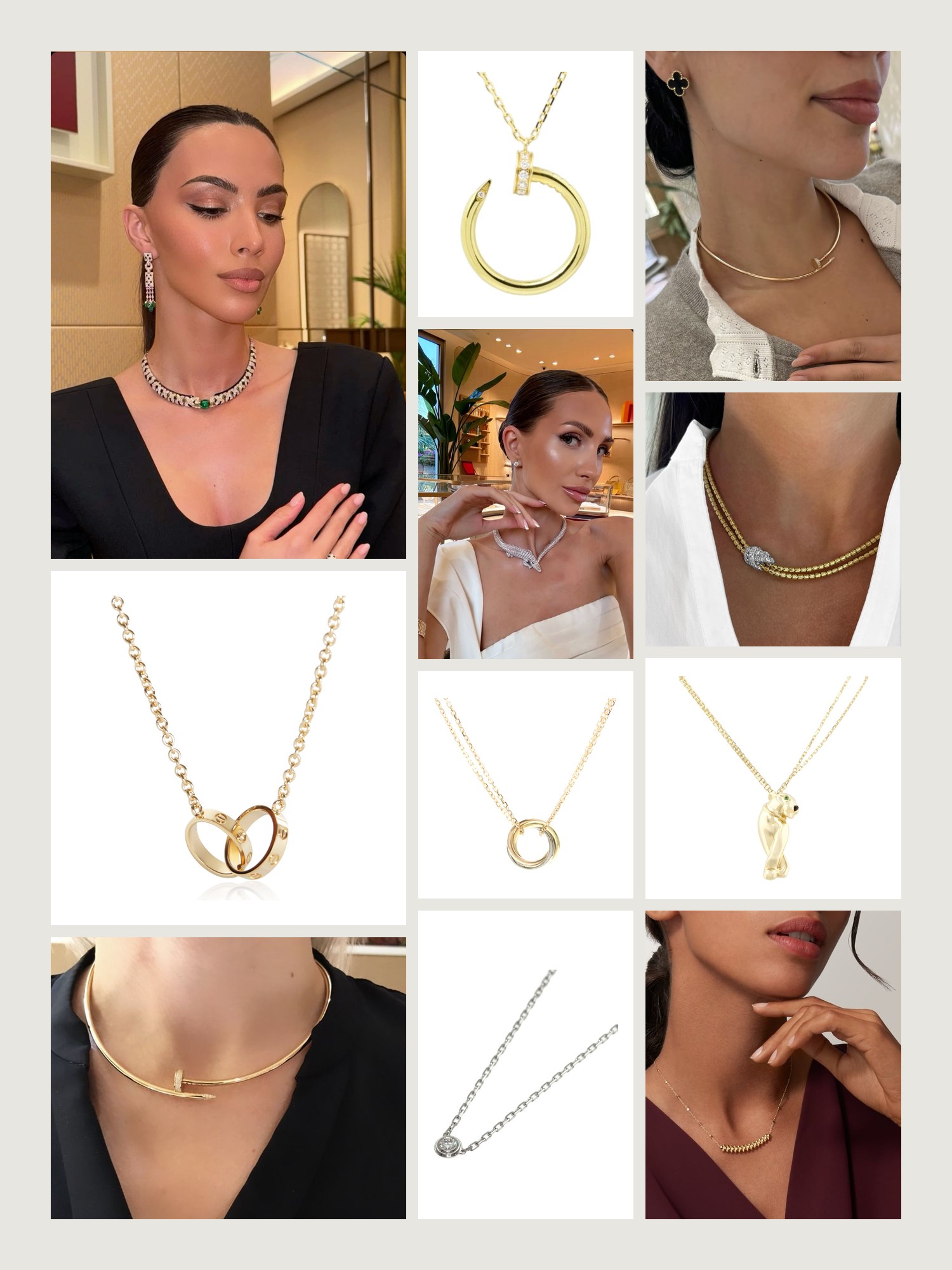 Mood board for Cartier Necklace: street-style photos, close-up details and product shots from this edit