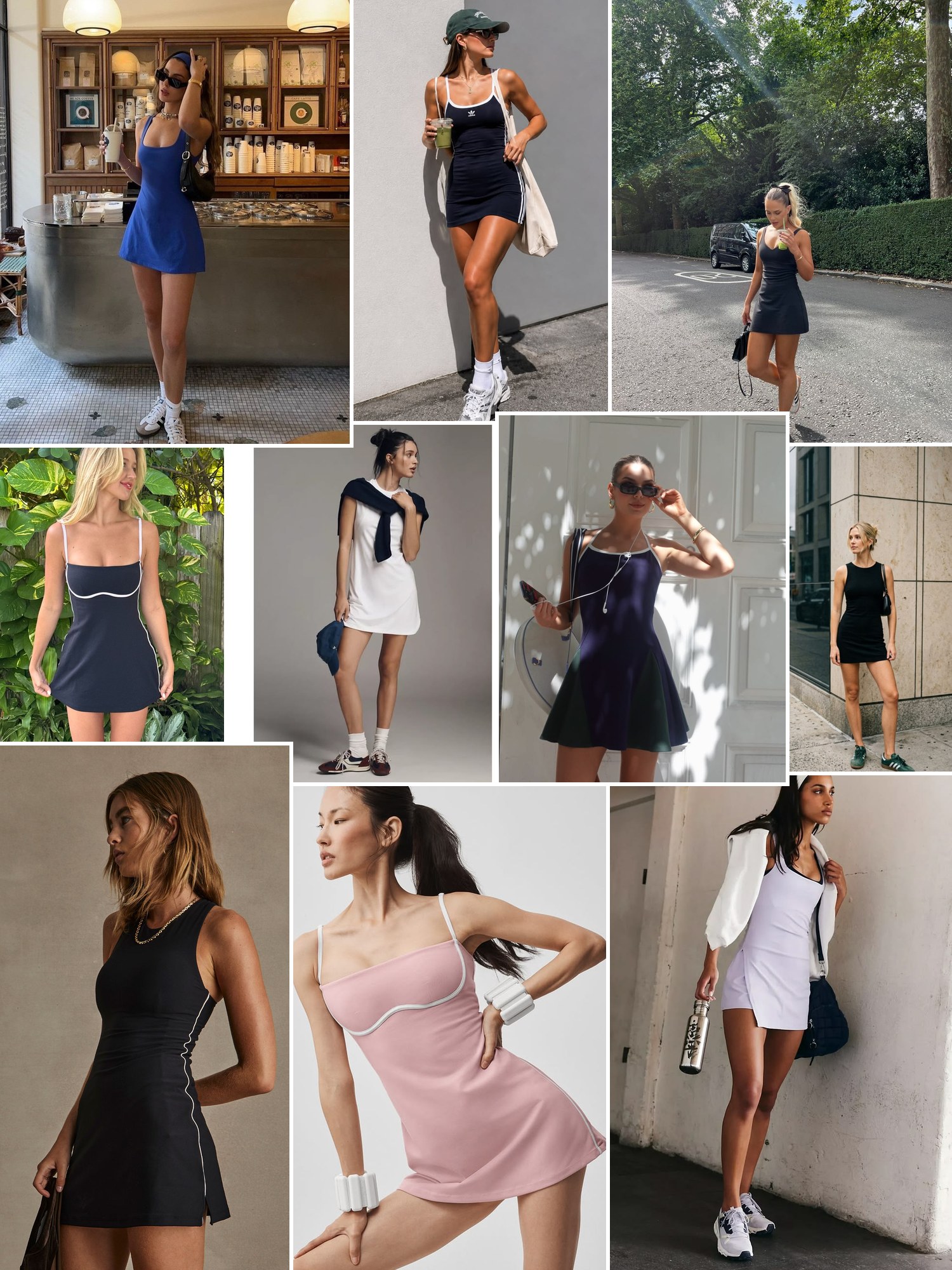 Collage of athletic dresses styled for errands