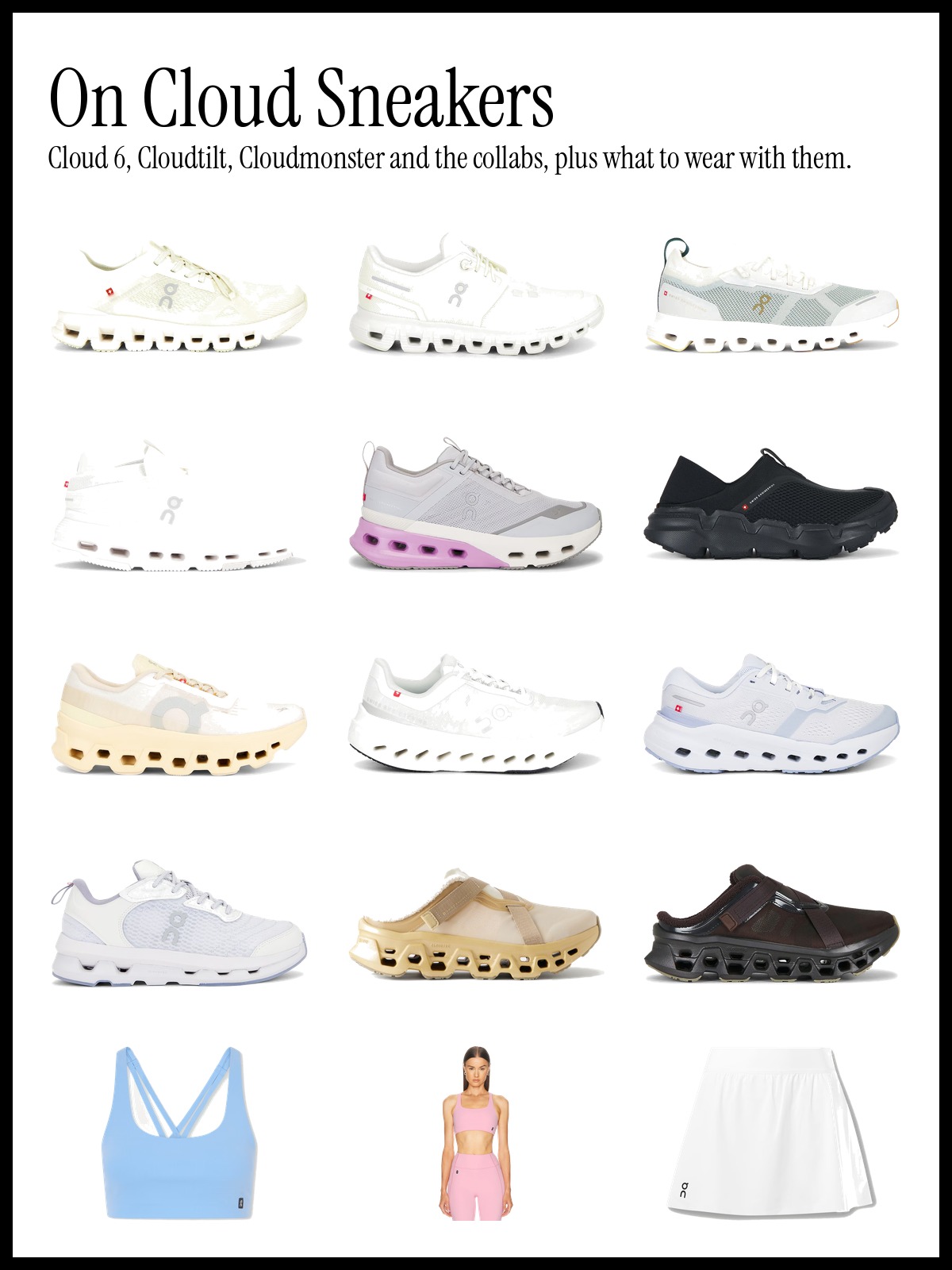 Collage of On sneakers including the Cloud 6, Cloudtilt, Cloudnova, Cloudmonster and collab pairs, with a blue sports bra, a pink set and a white tennis skirt