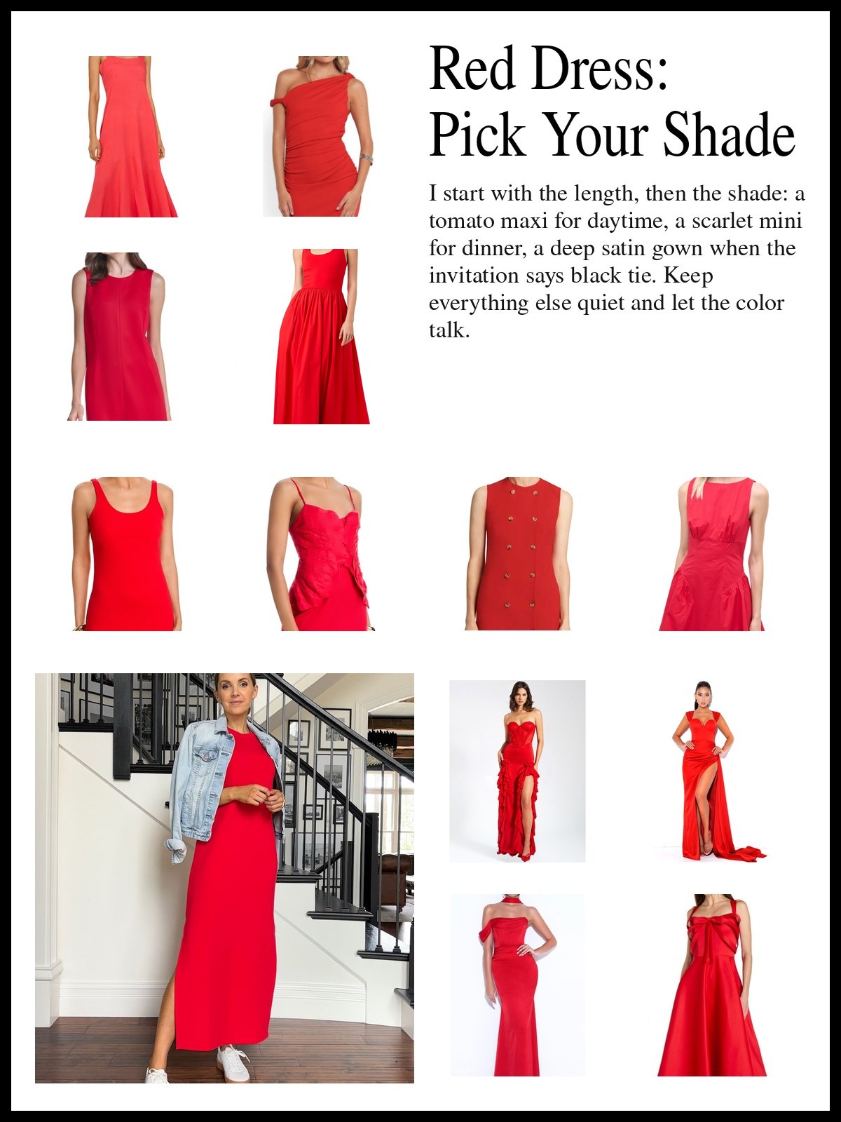 Collage of red midi and maxi dresses, red mini dresses with puff sleeves and ruffles, and red satin corset gowns, and a mood photo of a long red dress with a denim jacket and white sneakers.