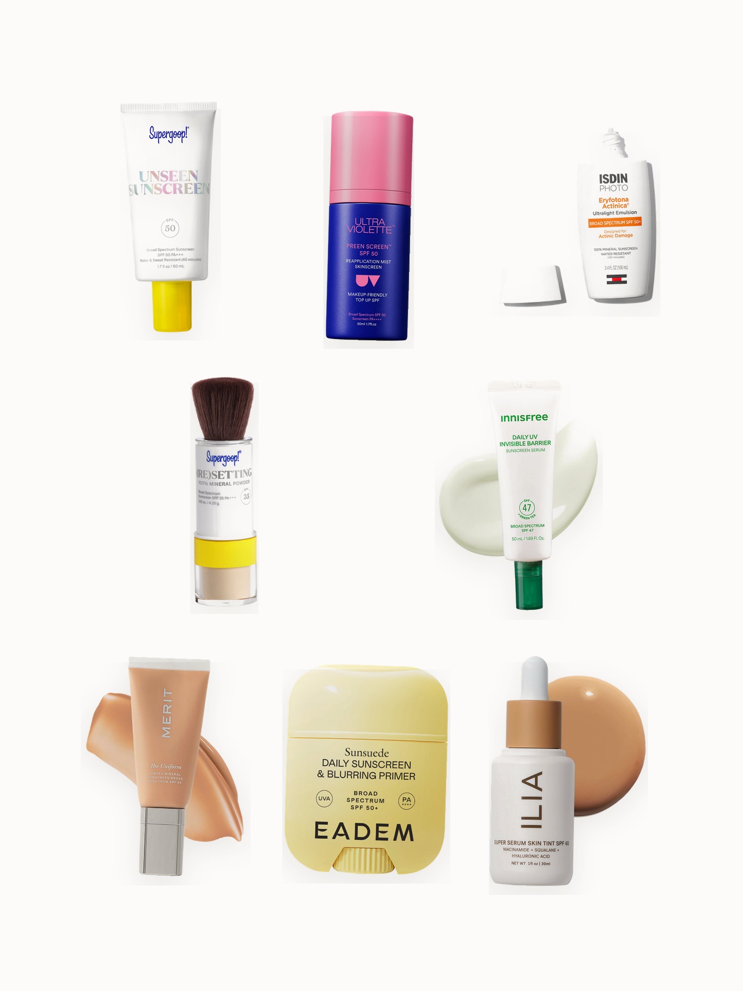 Flat lay of face sunscreens, a sunscreen mist, a mineral setting powder and a tinted sunscreen stick on an off-white background