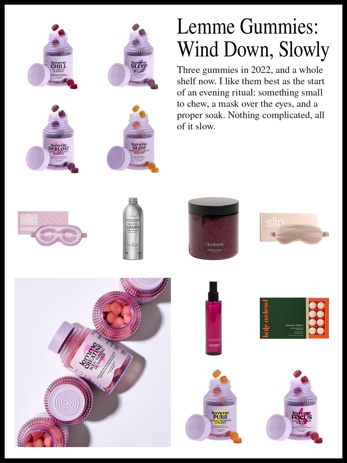 Collage of gummies, sleep masks, bath products and a magnesium spray beside a photo of a tinted mineral sunscreen tube, a cream blush pot, a stick concealer, a lip gloss and a compact arranged on a glossy white surface.