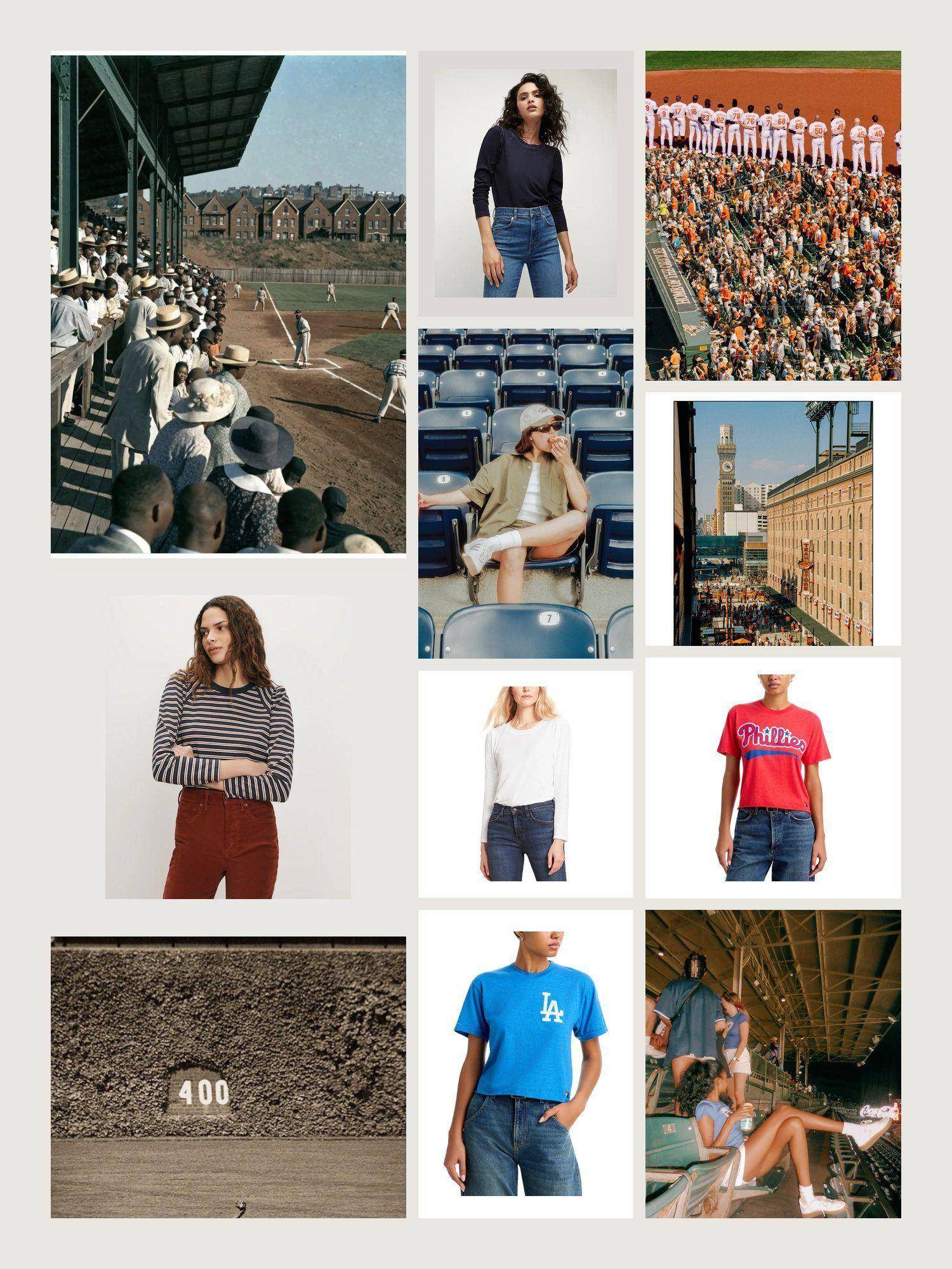 Ballpark vibe collage: old grandstands, a day game from the bleachers and the Mason and team tees from the grid below