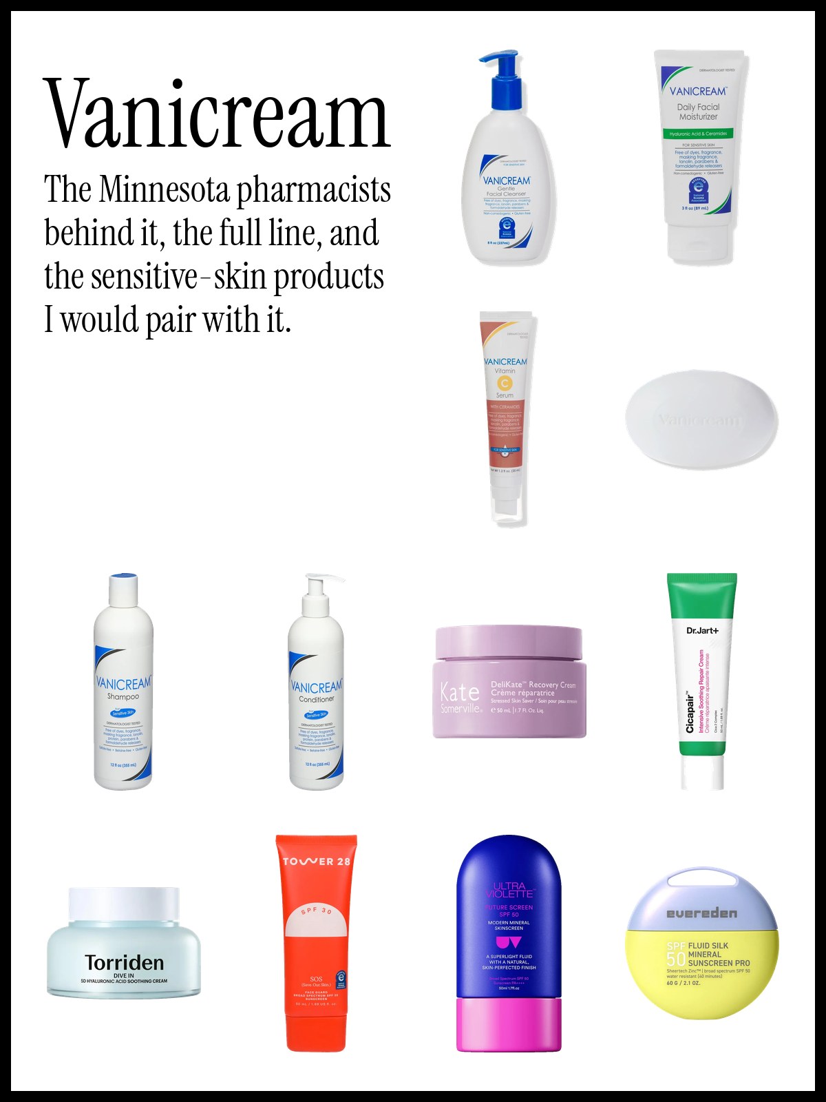Collage of Vanicream cleansers, moisturizers and mineral sunscreens for sensitive skin
