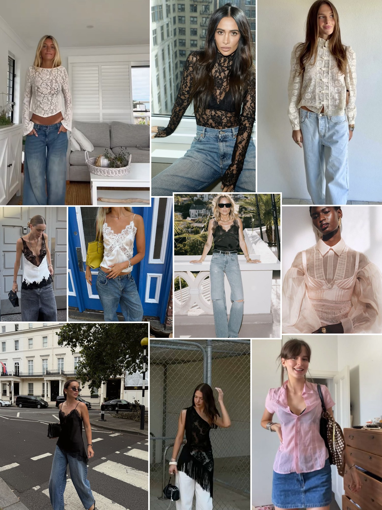 Collage of lace and organza tops styled for evening