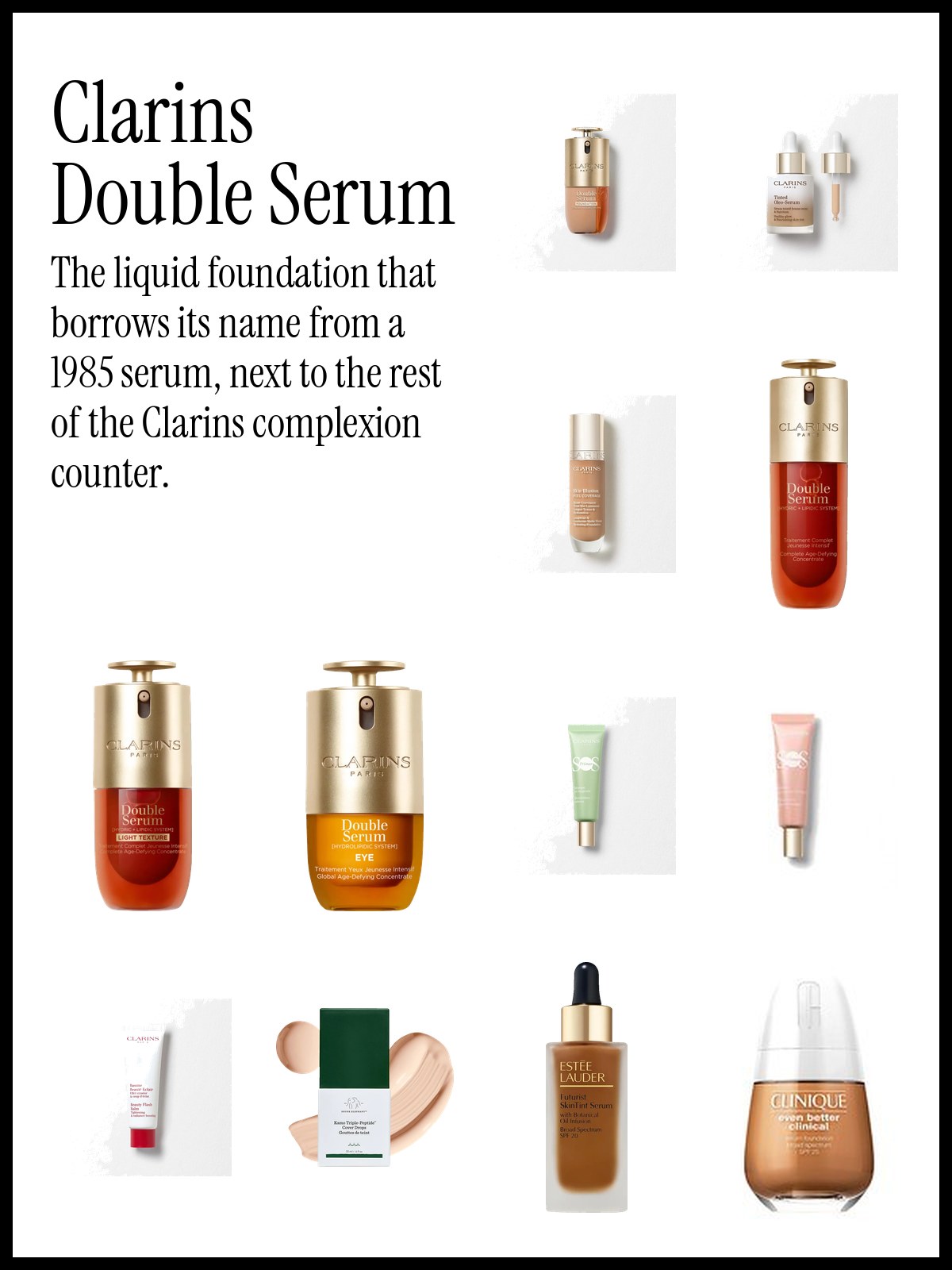 Collage of Clarins Double Serum Foundation with Clarins skincare and makeup brushes