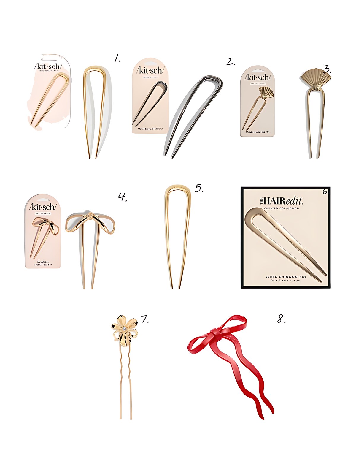 Numbered collage: 1. Kitsch Gold French Hair Pin; 2. Kitsch Hematite French Hair Pin; 3. Kitsch Metal Clam Shell French Hair Pin - Gold; 4. Kitsch Gold Bow French Hair Pin - Mini; 5. Kitsch Metal French Hair Pin; 6. The Hair Edit Sleek Chignon French Hair Pin; 7. Ettika Crystal Flower Hair Pin; 8. Chunks Large Red Bow Hair Pin