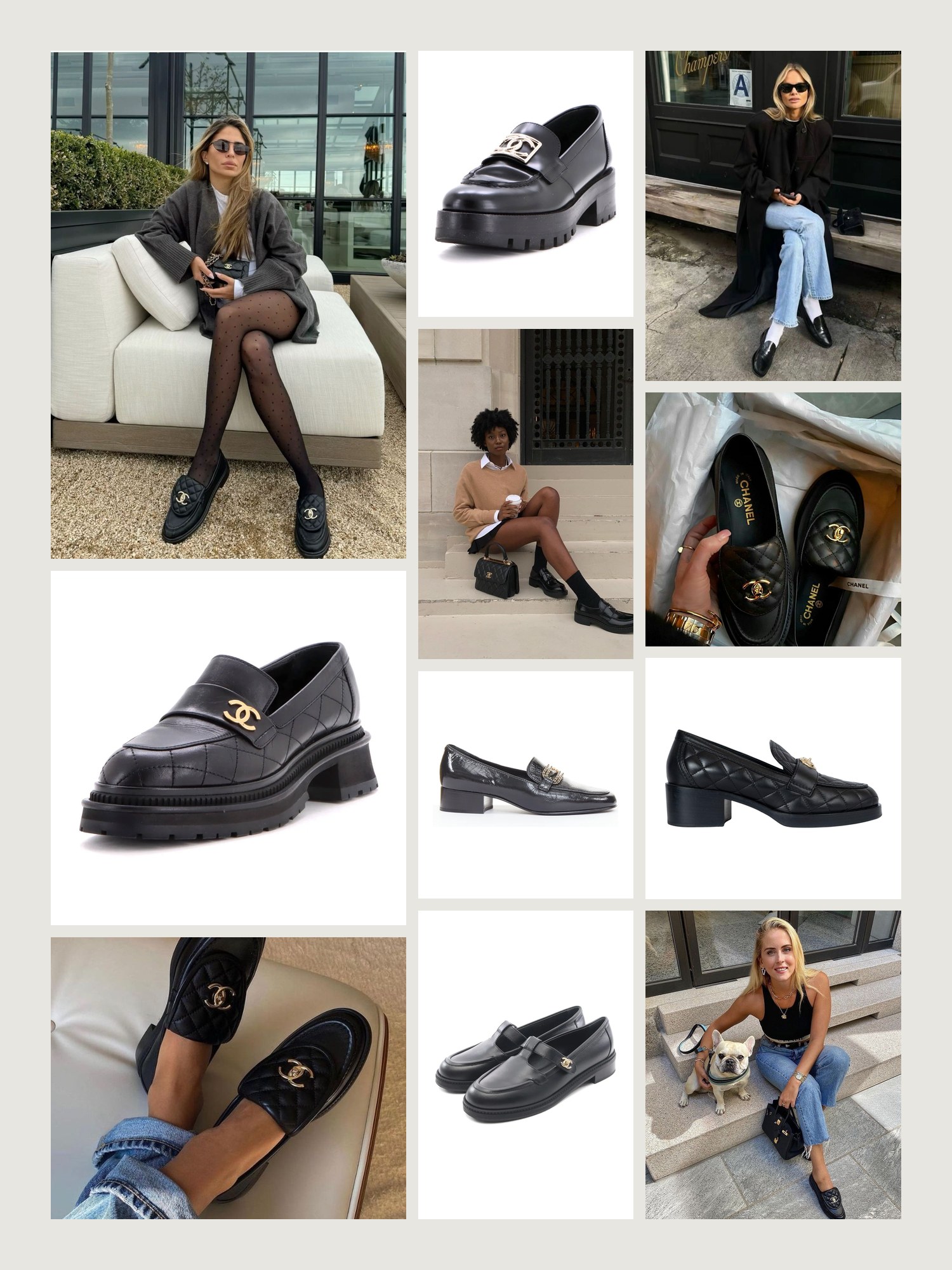 Mood board for Chanel Loafers: street-style photos, close-up details and product shots from this edit