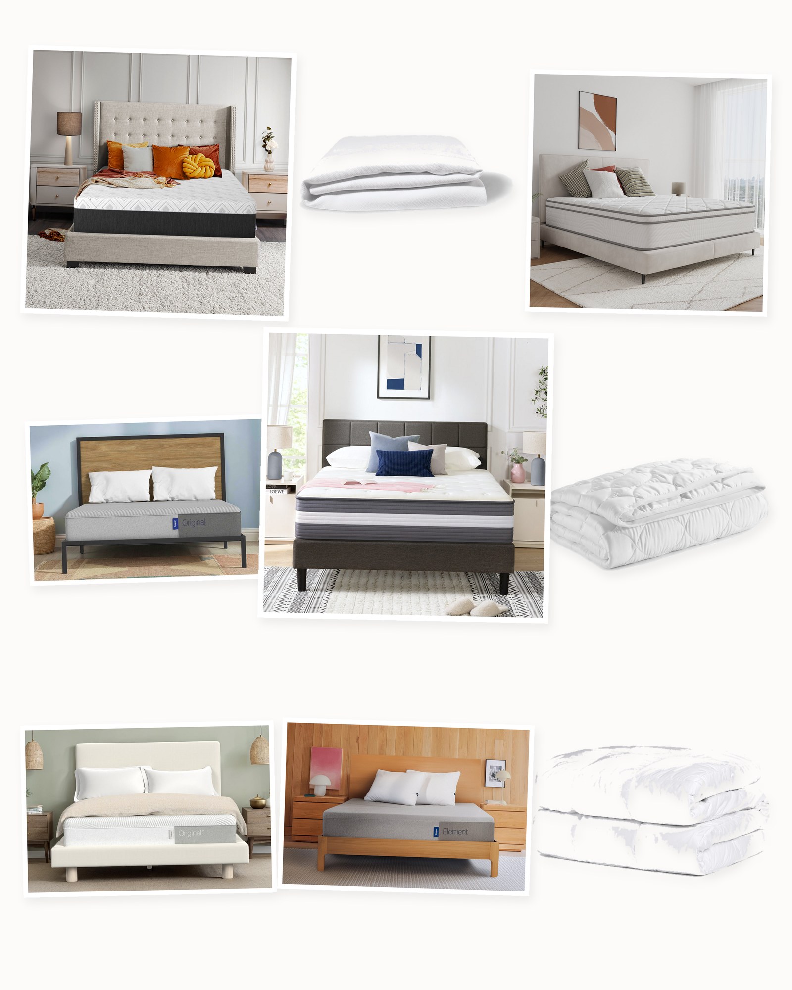 Collage on an off-white background showing Element Mattress, Original Hybrid Mattress, Waterproof Mattress Protector, Original Mattress, Zinus 10" Plush Cooling Gel Hybrid Mattresss, Down Alternative Mattress Pad, Sealy Cool 12" Medium Memory Foam Mattress, 14" Soft-Medium Hybrid Mattress and Cloud Mattress Pad in White.