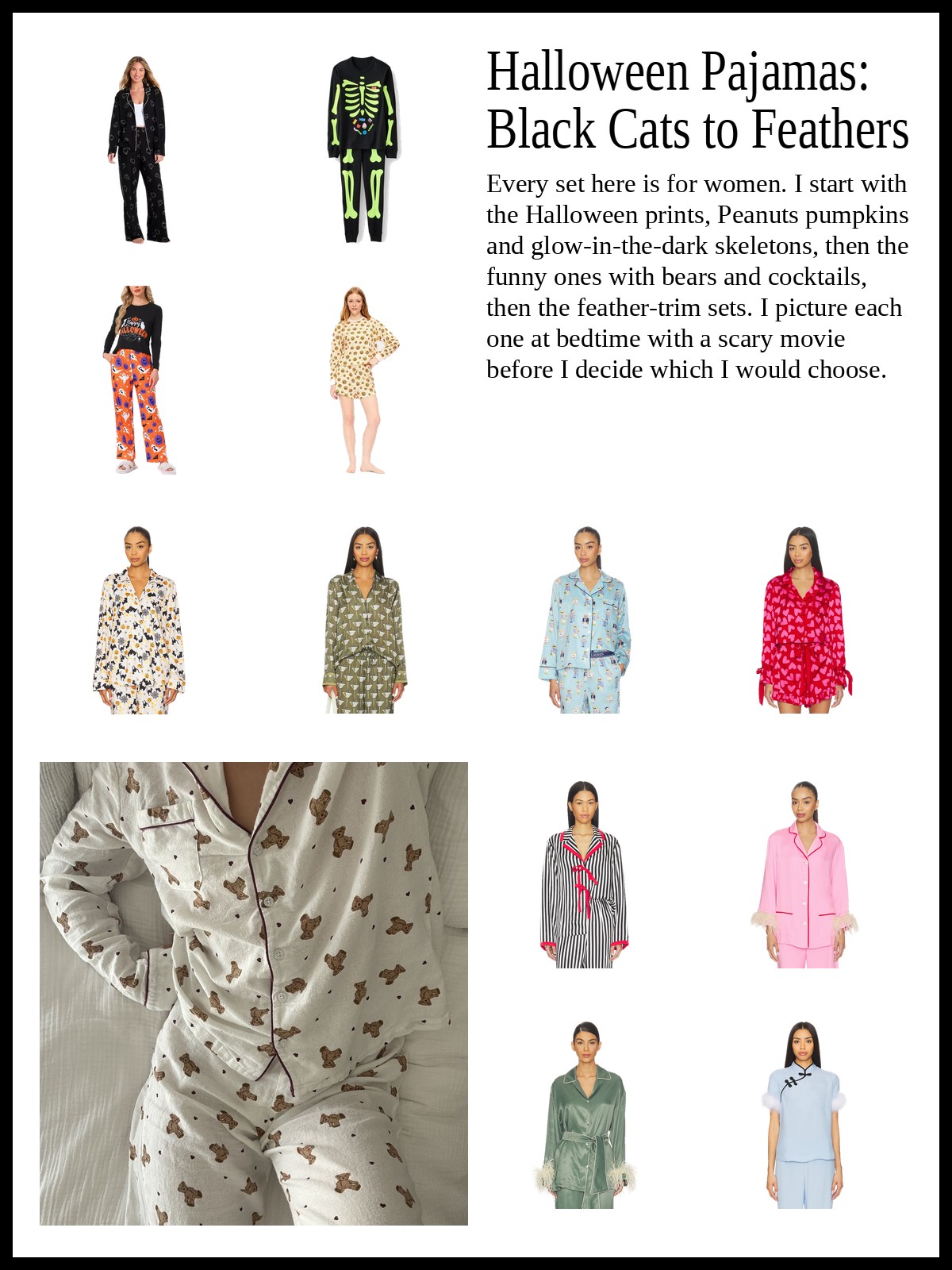 Collage of women's Halloween pajama sets with pumpkin, ghost and glow-in-the-dark skeleton prints, novelty print sets with black cats, martinis, bears and hearts, feather-trimmed and striped satin sets, and a mood photo of teddy bear print button-up pajamas