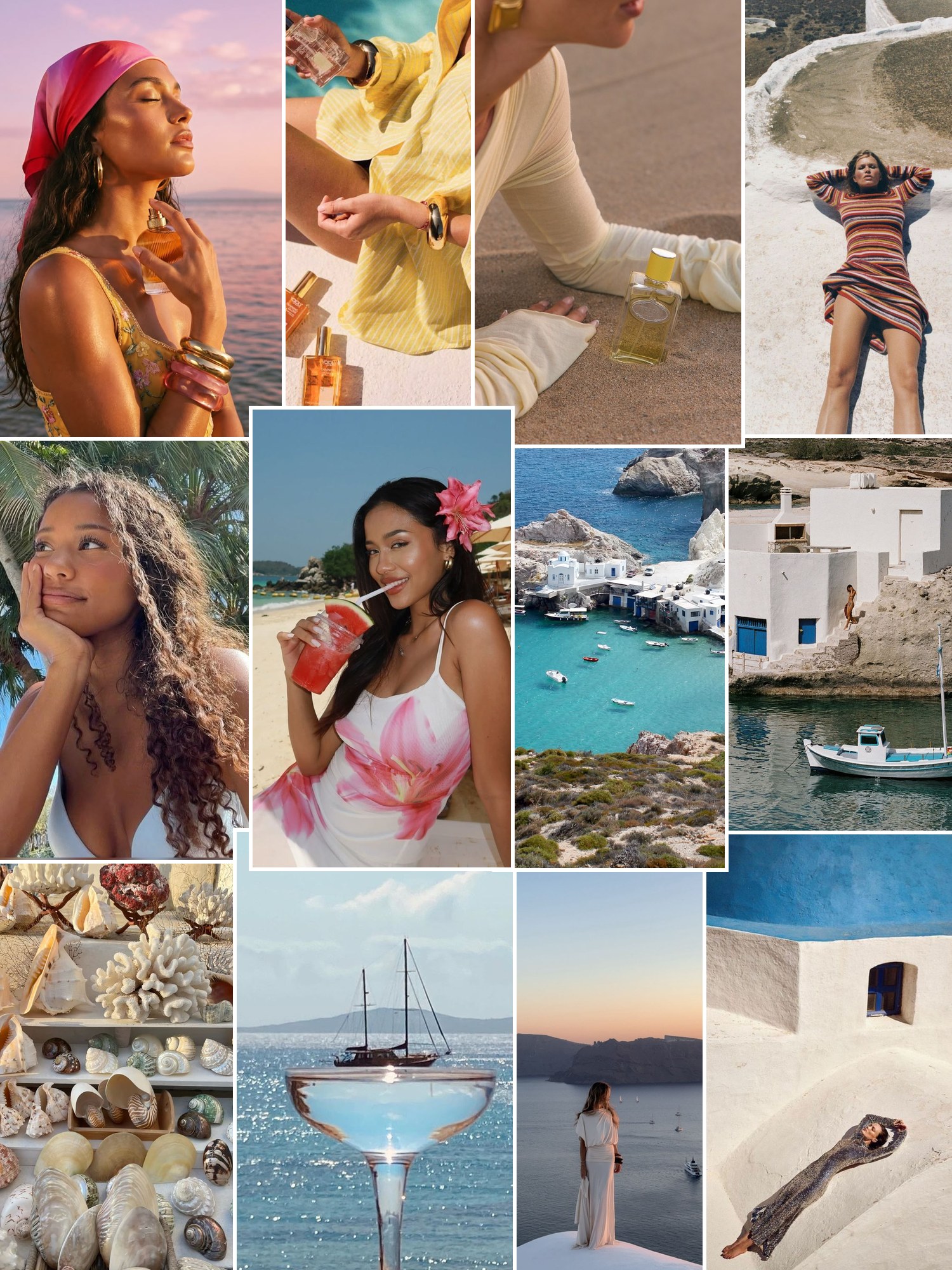 Collage of everyday outfits built around Mykonos perfume
