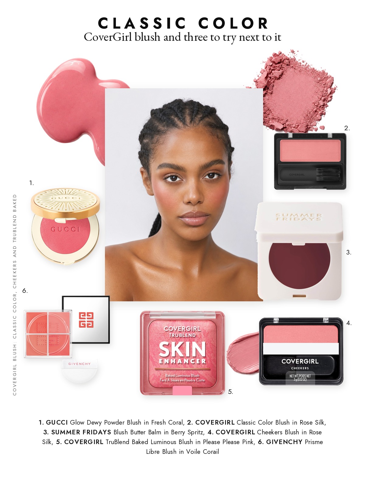 Magazine page collage for CoverGirl Blush and the Powders and Creams I Pair With It, featuring CoverGirl, Summer Fridays, Givenchy and Gucci
