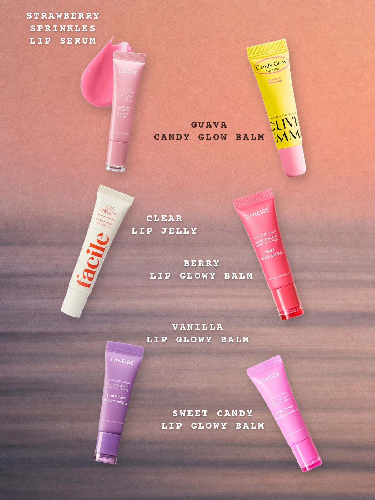 Floating-products collage featuring LANEIGE lip treatments, OLIVIAUMMA Candy Glow, and Facile Lip Jelly.