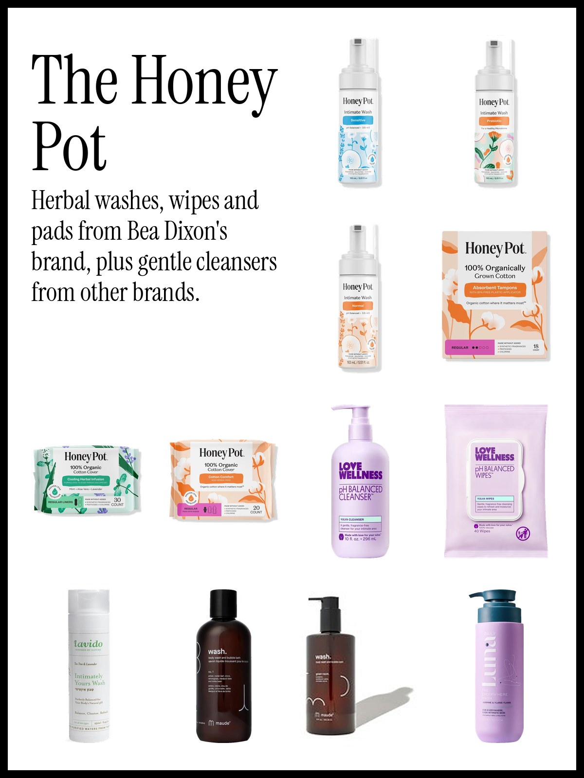 Collage of The Honey Pot Company foaming washes, pads, pantiliners and tampons with Love Wellness, Lavido and maude cleansers