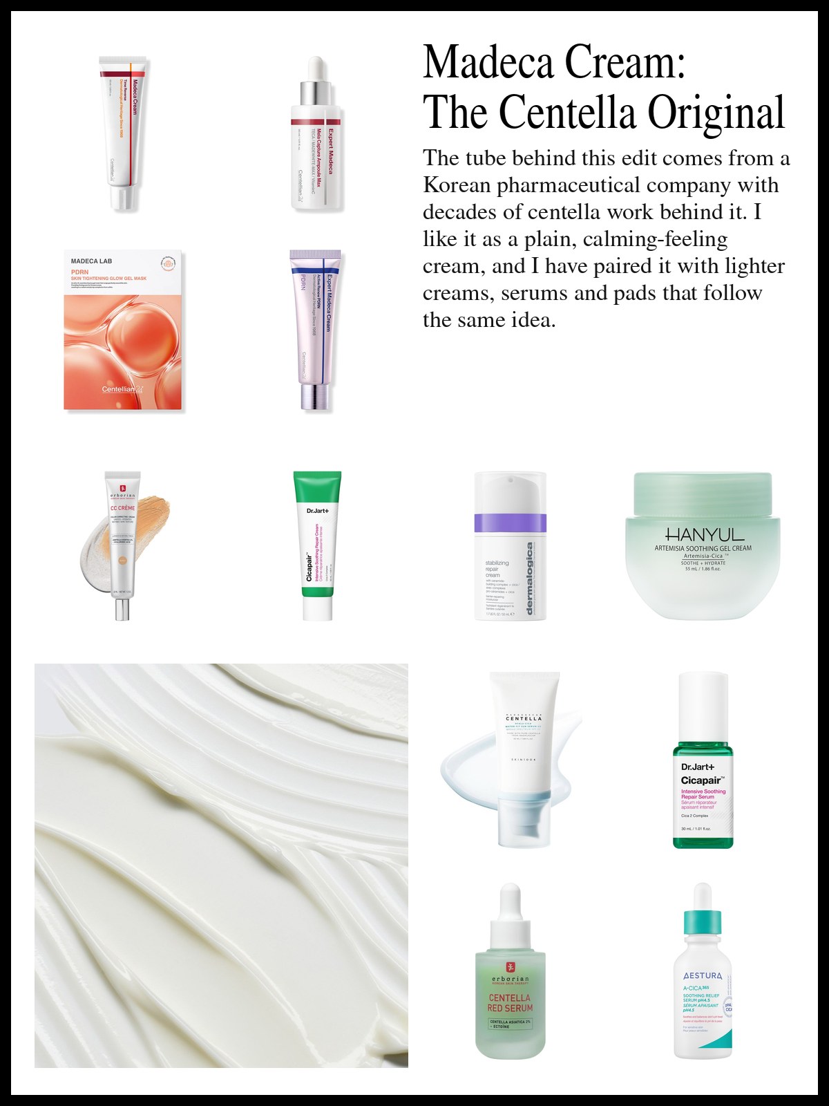 Collage of Centellian24 Madeca cream, ampoule and gel mask, centella moisturizers, serums and toner pads and a mood photo of swirls of thick white cream.