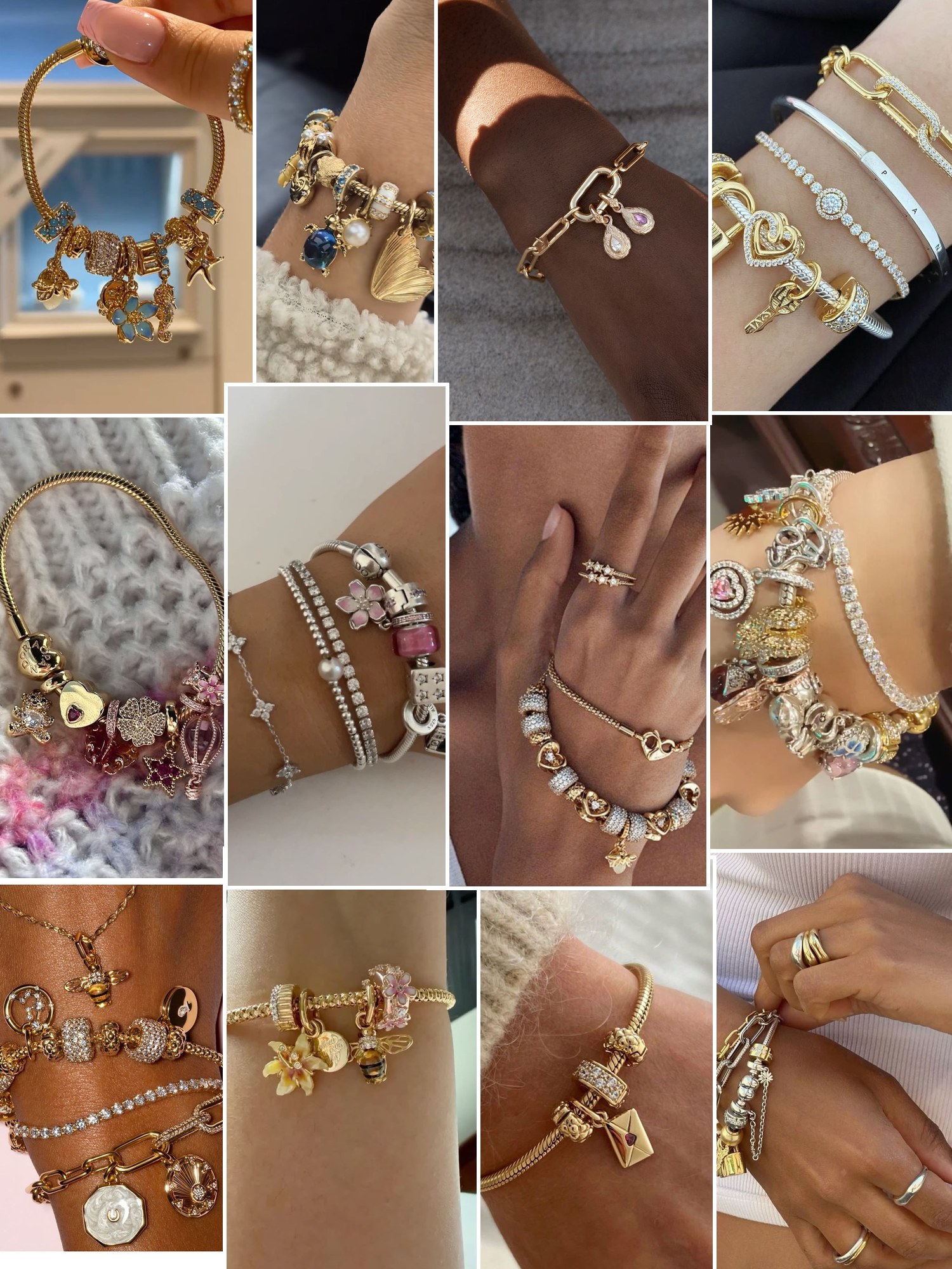 Street style collage of women wearing Pandora bracelets
