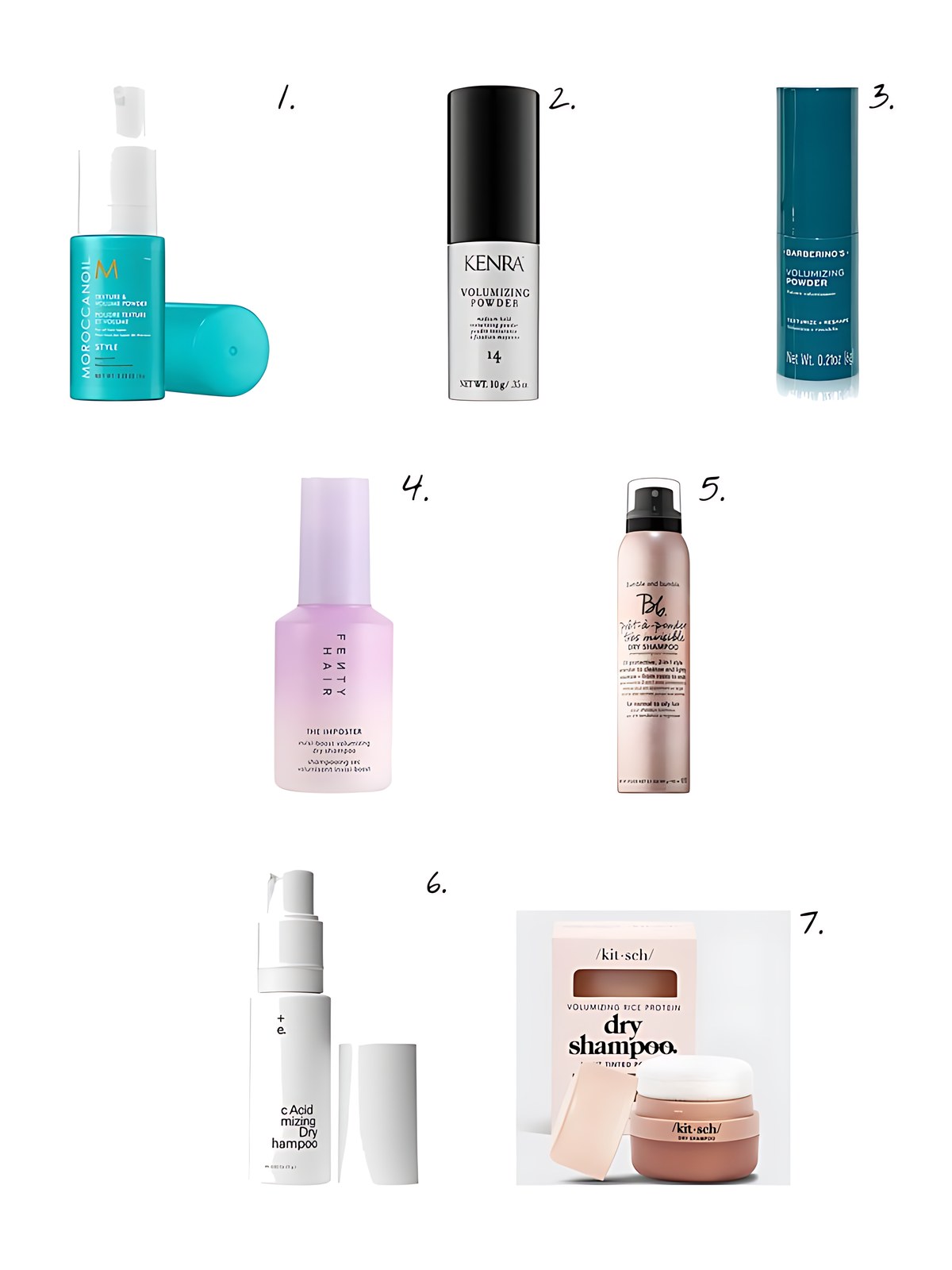 Numbered collage: 1. Moroccanoil Texture & Volume Hair Powder; 2. Kenra Professional Volumizing Texture Powder 14; 3. Barberino's Volumizing Powder 0.21 oz.; 4. Fenty Beauty by Rihanna The Imposter Invisi-Boost Volumizing Dry Shampoo Powder; 5. Bumble and bumble Prêt-à-powder Très Invisible Volumizing Dry Shampoo; 6. Act+Acre Fulvic Acid Volumizing Dry Shampoo Powder For Oily Scalp; 7. Kitsch Light Volumizing Rice Protein Dry Shampoo with Puff