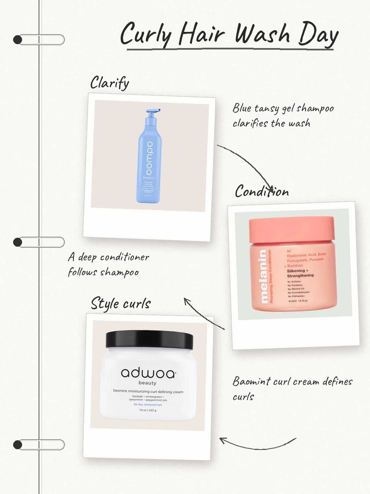 Notebook-polaroid curly wash-day routine with adwoa beauty shampoo and curl cream plus Melanin Haircare conditioner.