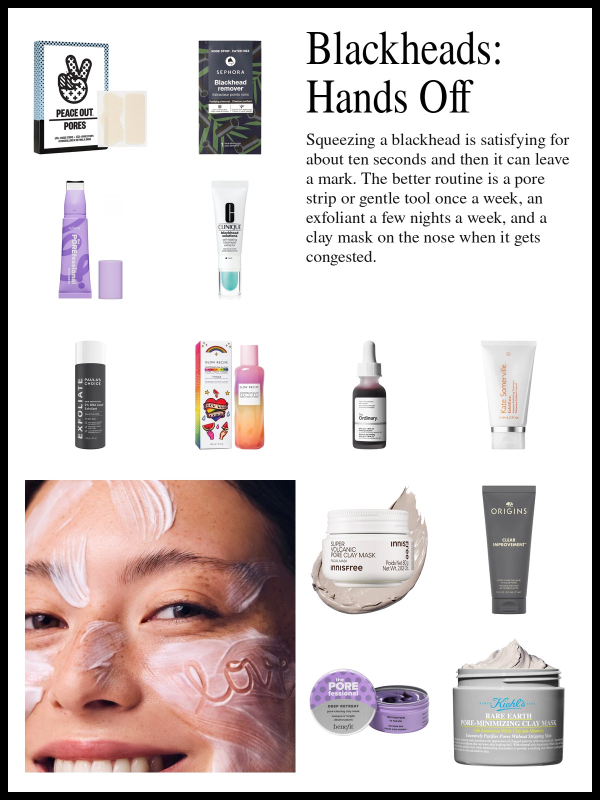 Collage of pore strips, BHA toners and cleansers, and clay masks beside a photo of a face with a white clay mask.