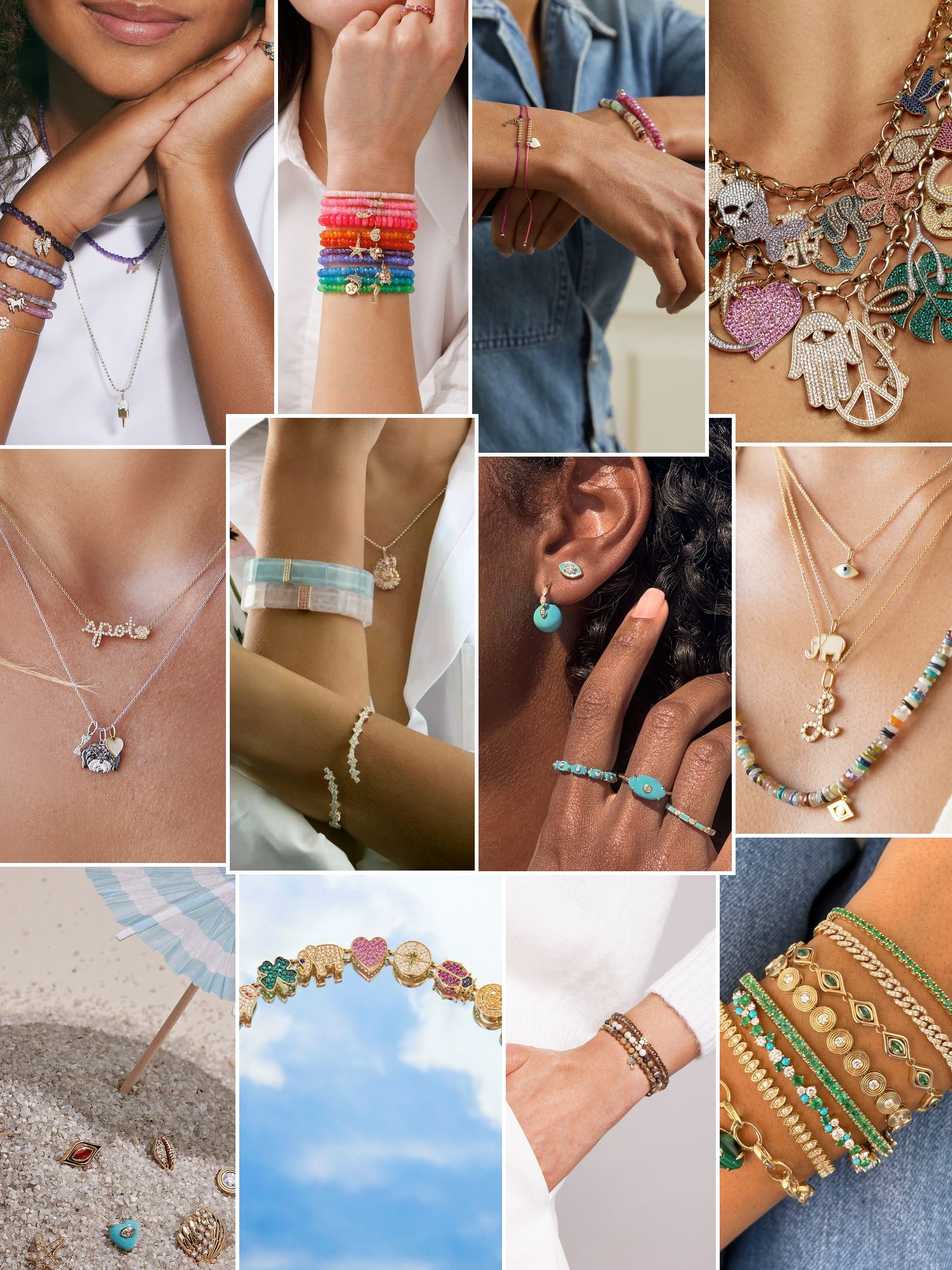 Collage of rings, earrings and layered necklaces worn up close, in the spirit of Sydney Evan