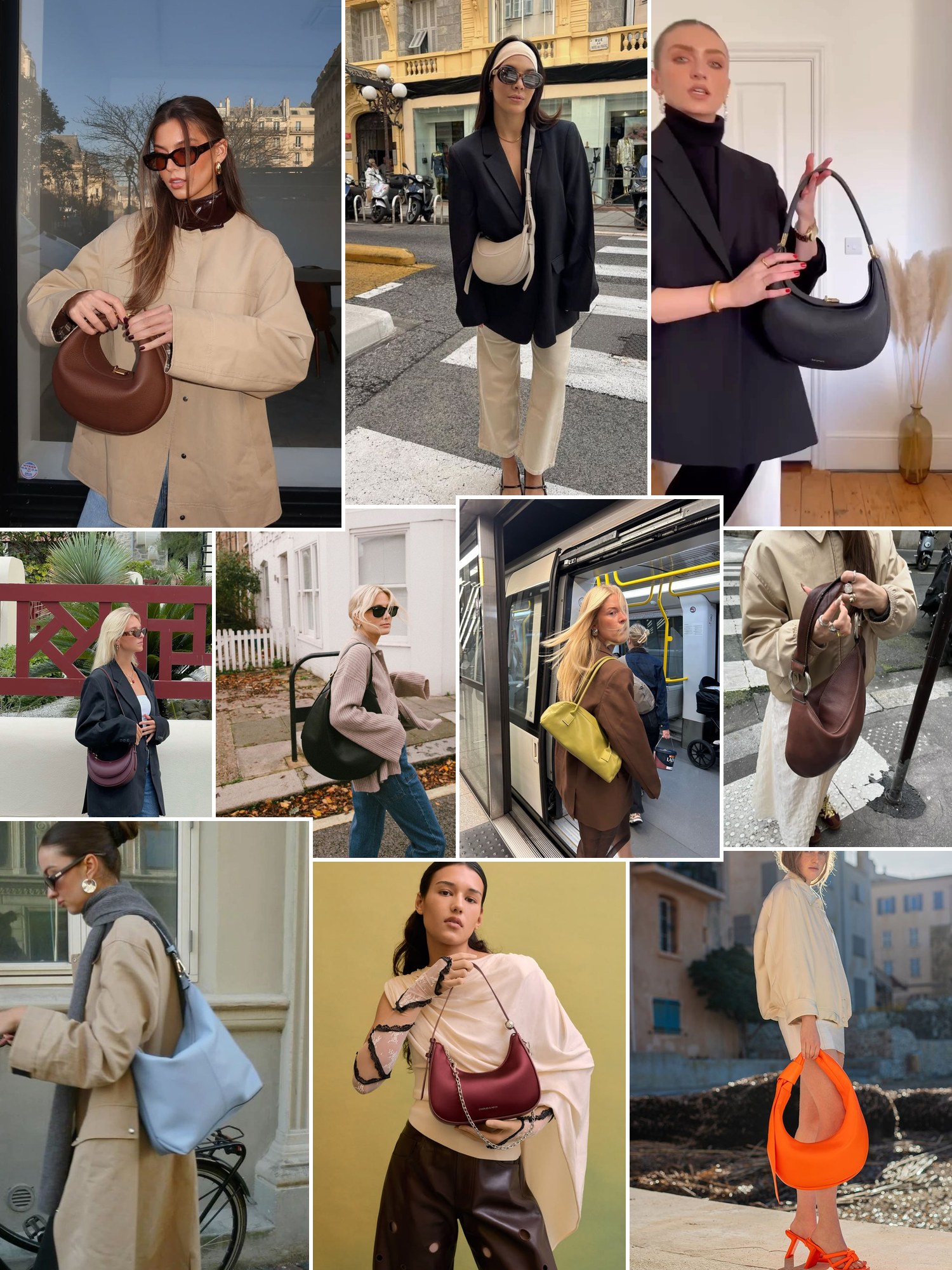 Collage of crescent hobo bags with metal closures and similar looks