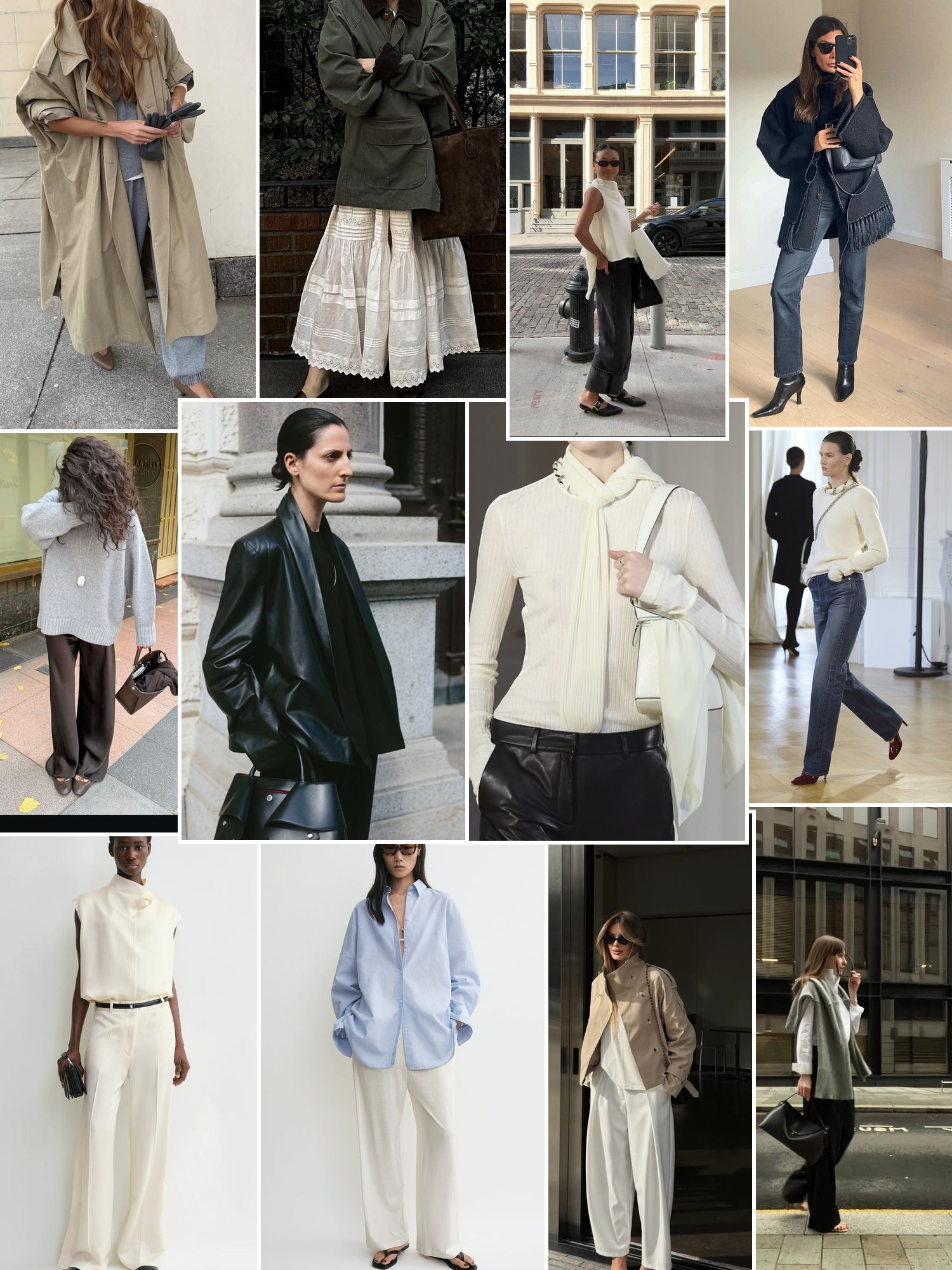 Collage of runway looks, campaign shots and street style outfits that capture the Toteme mood