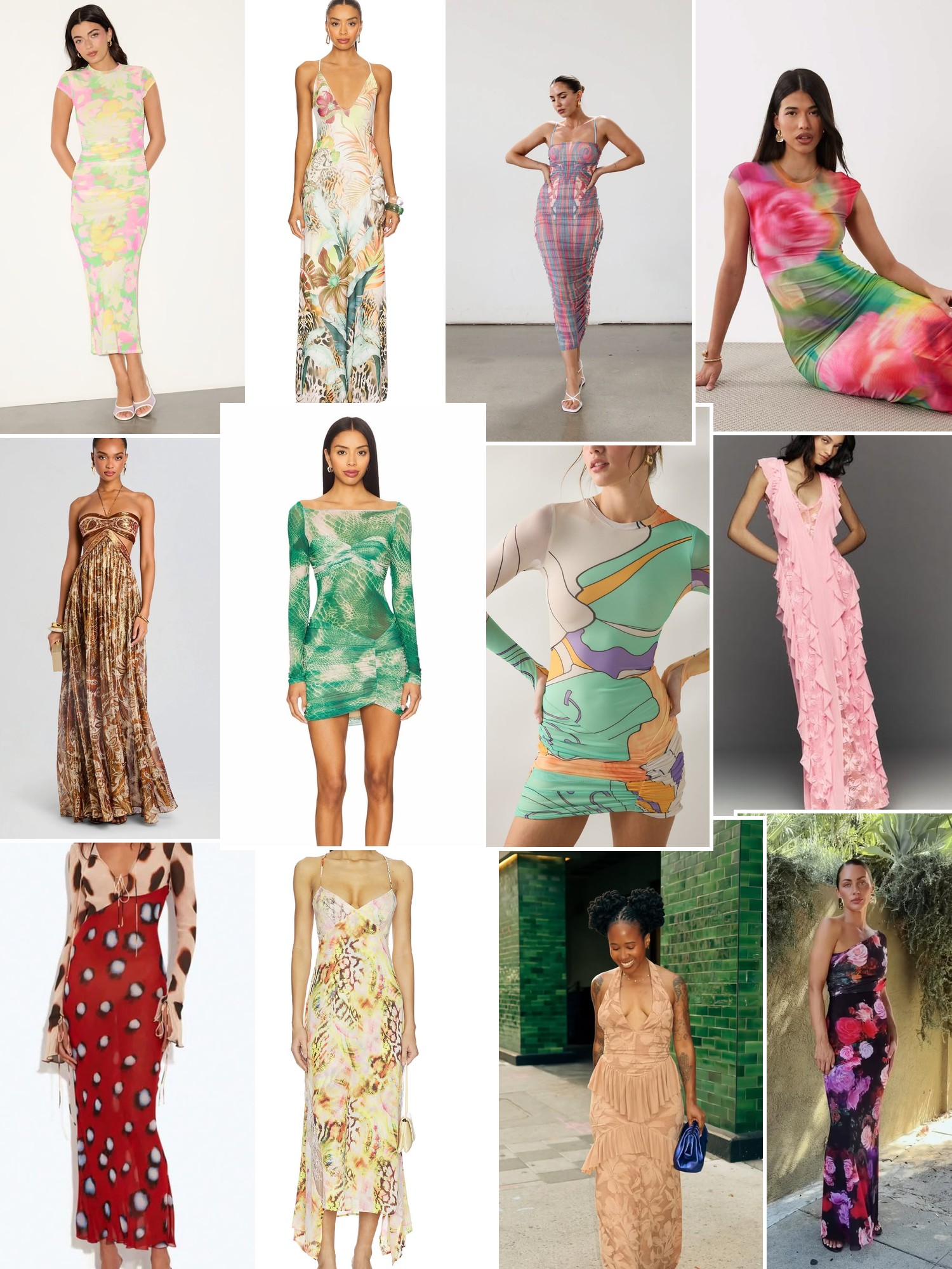 Collage of runway looks, campaign shots and street style outfits that capture the AFRM mood