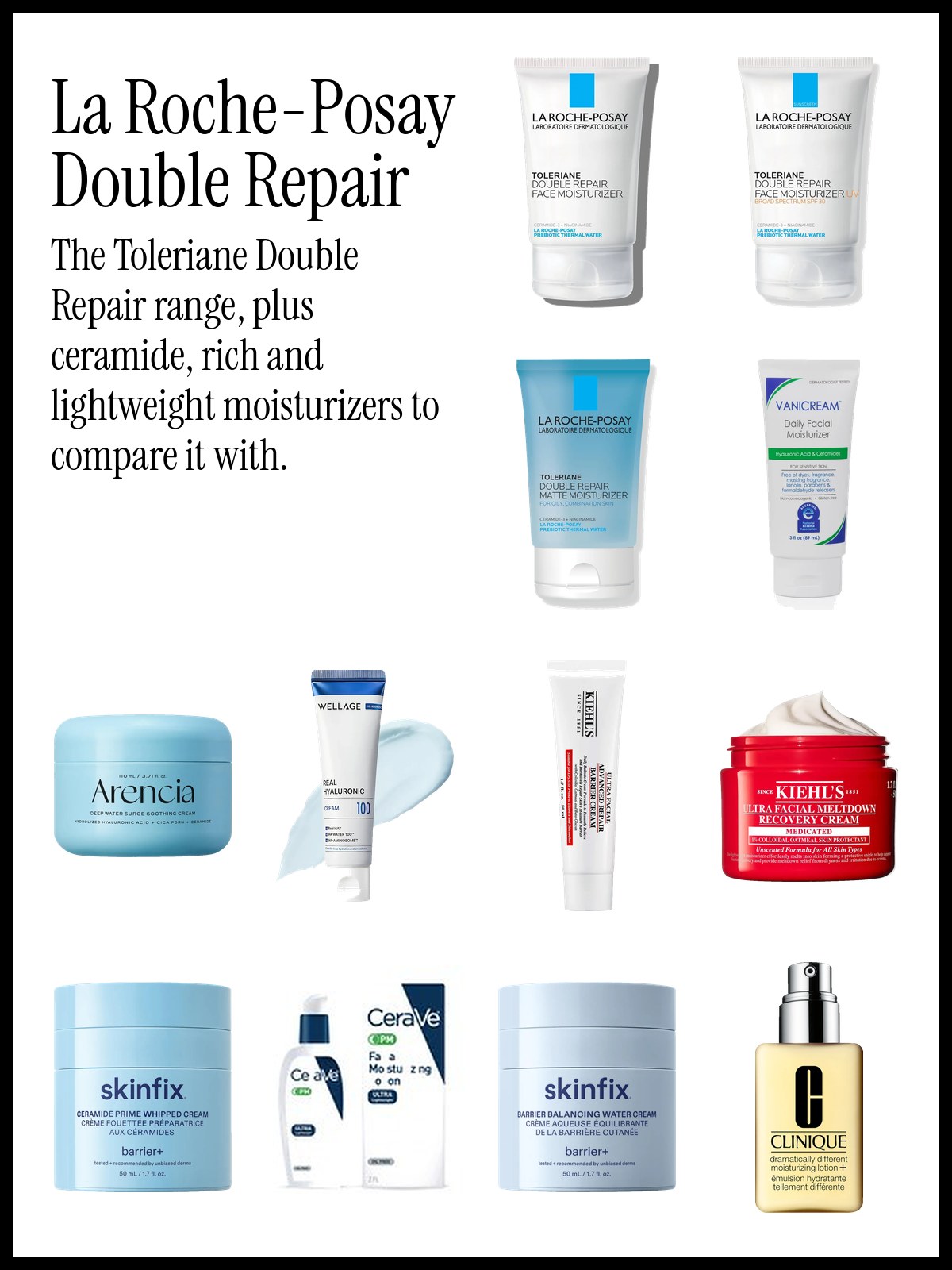 Collage of La Roche-Posay Toleriane Double Repair moisturizers with Vanicream, Kiehl's Ultra Facial creams, Skinfix and CeraVe PM lotion