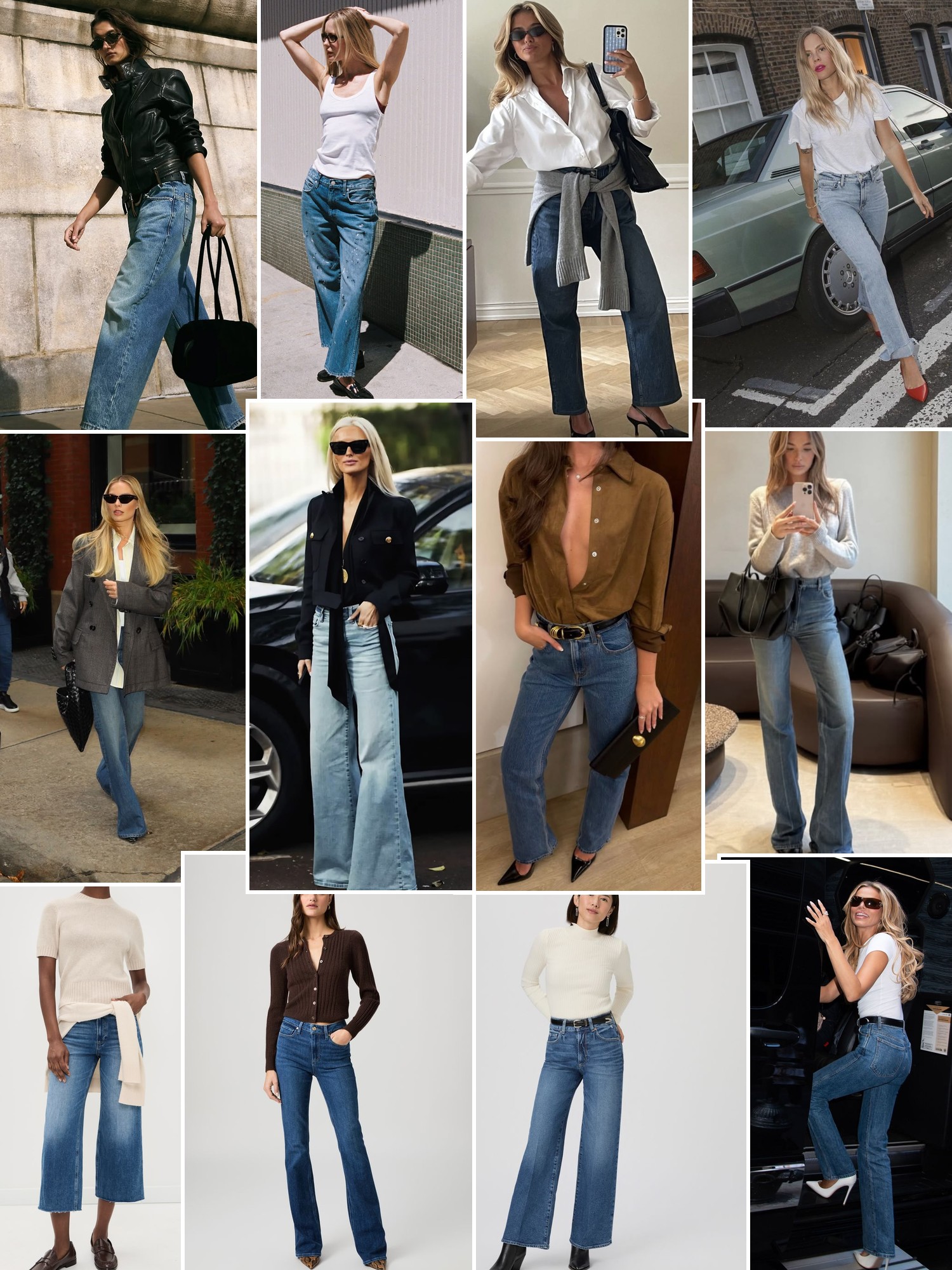 Collage of women wearing straight and wide leg jeans with relaxed tops and polished layers