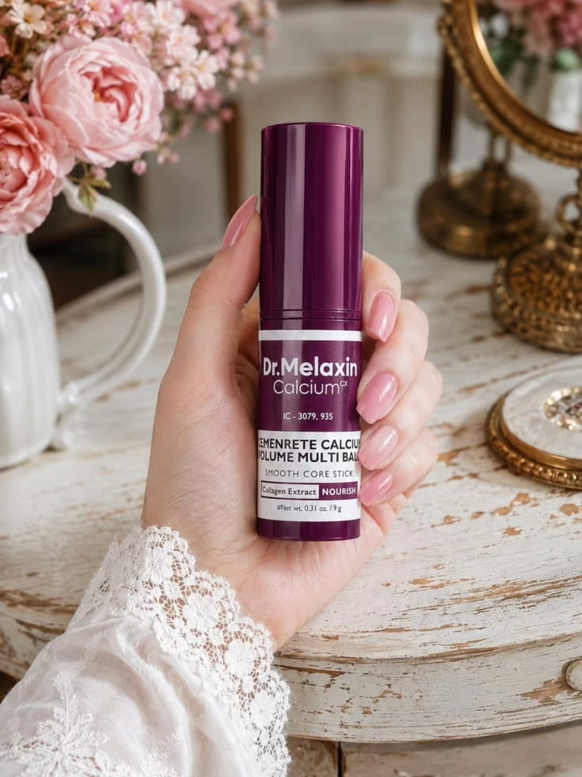 Hand holding the Dr. Melaxin Calcium Volume Multi Balm stick at a vanity