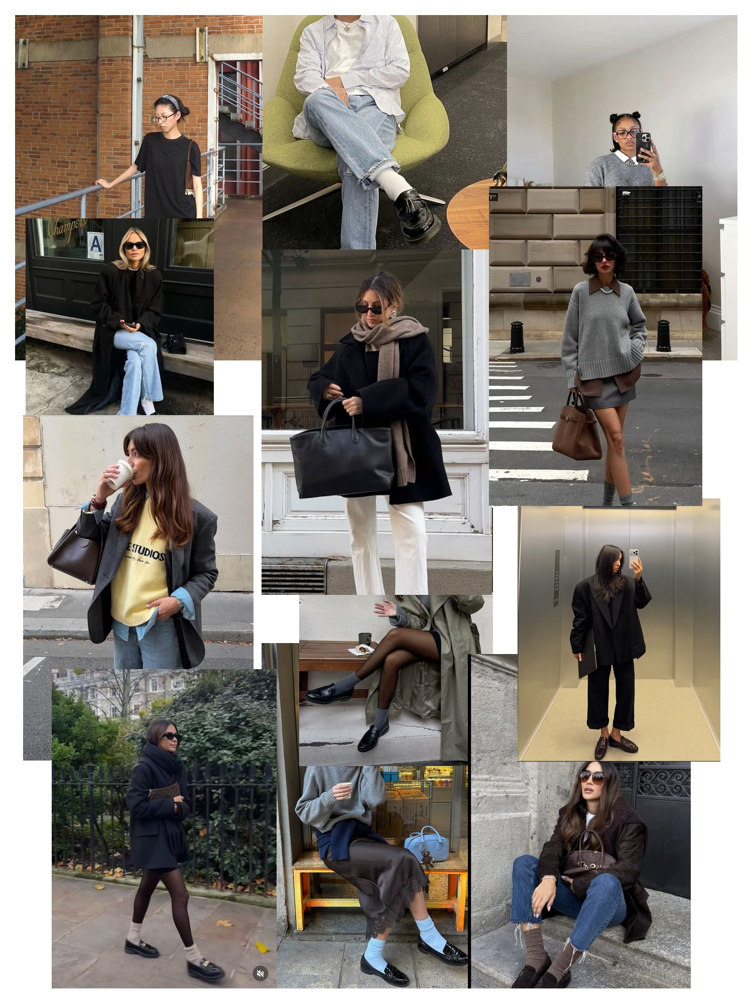Street-style collage of 12 outfit photos featuring loafer, scattered and overlapping