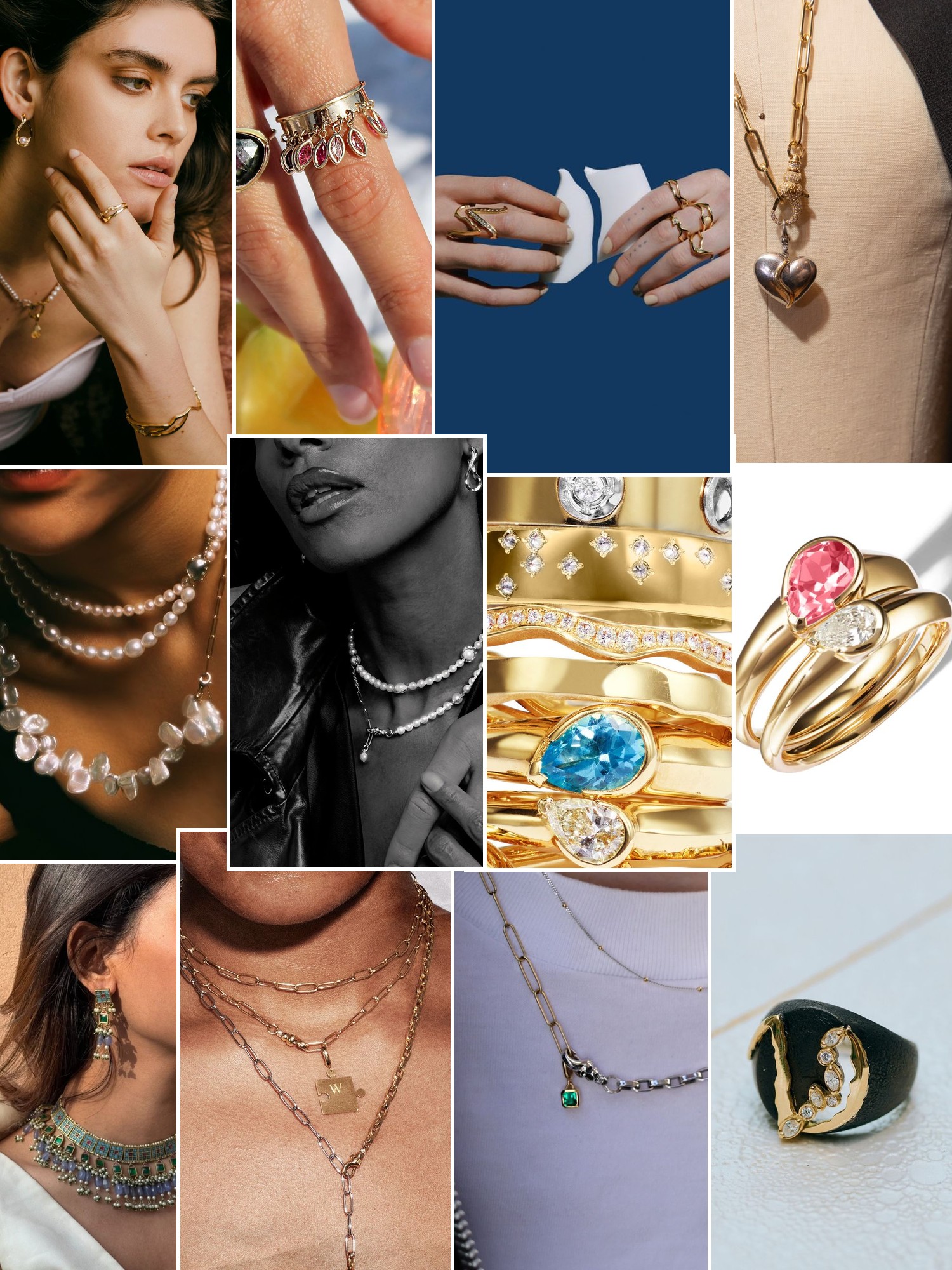 Collage of rings, earrings and layered necklaces worn up close, in the spirit of Milamore