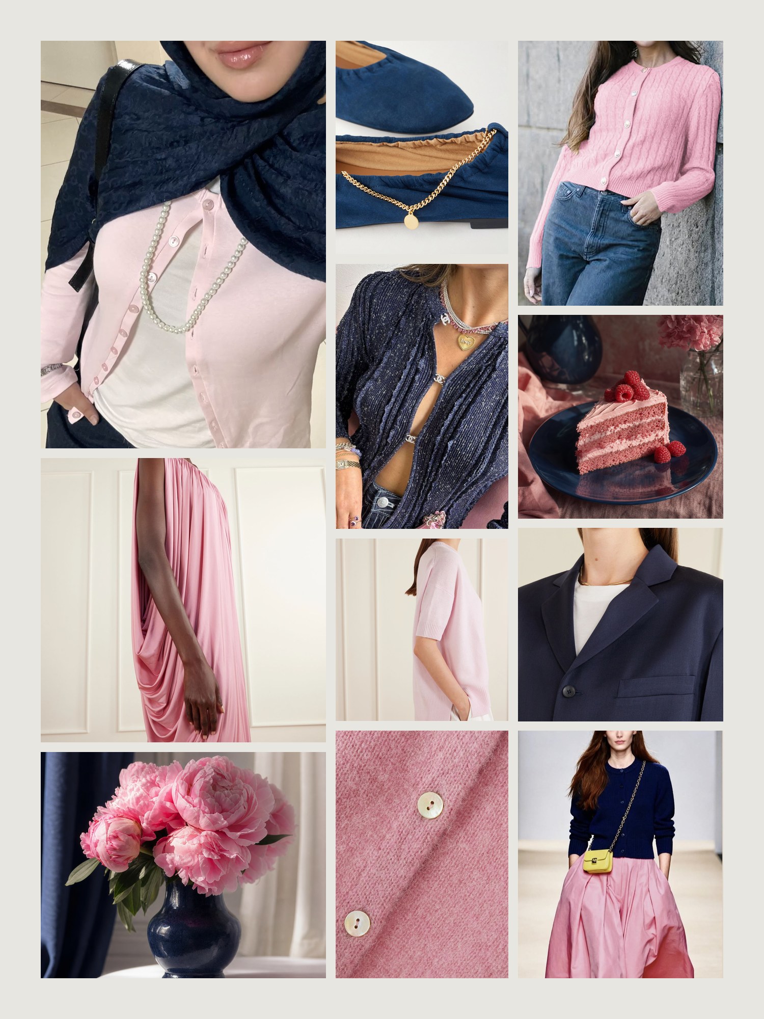 Mood board for pink and navy outfits: four street-style photos of women wearing pink and navy, close-ups of the Jil Sander sweater, the Stella McCartney flats, the Dôen cardigan, the Abadia maxi dress and the Rùadh blazer from this edit, and two still lifes in both colors