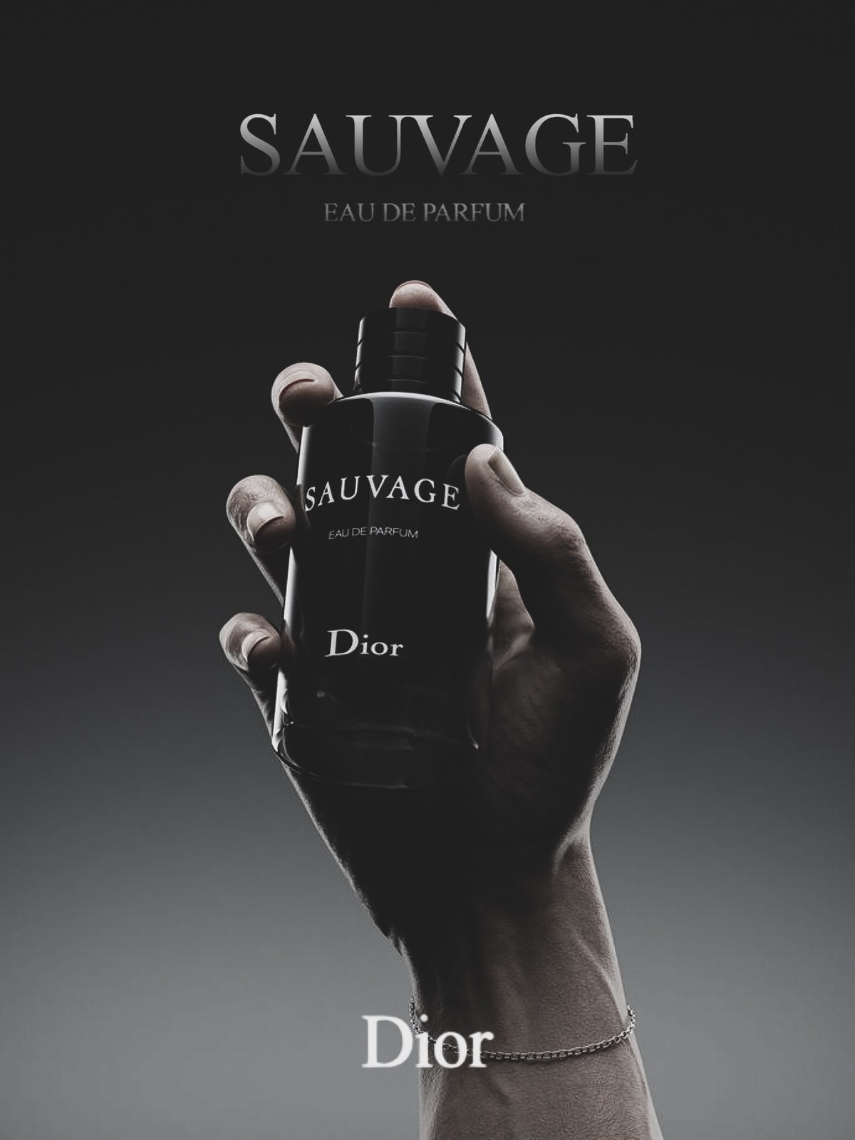 Hand holding up a Dior Sauvage Eau de Parfum bottle against a dark background