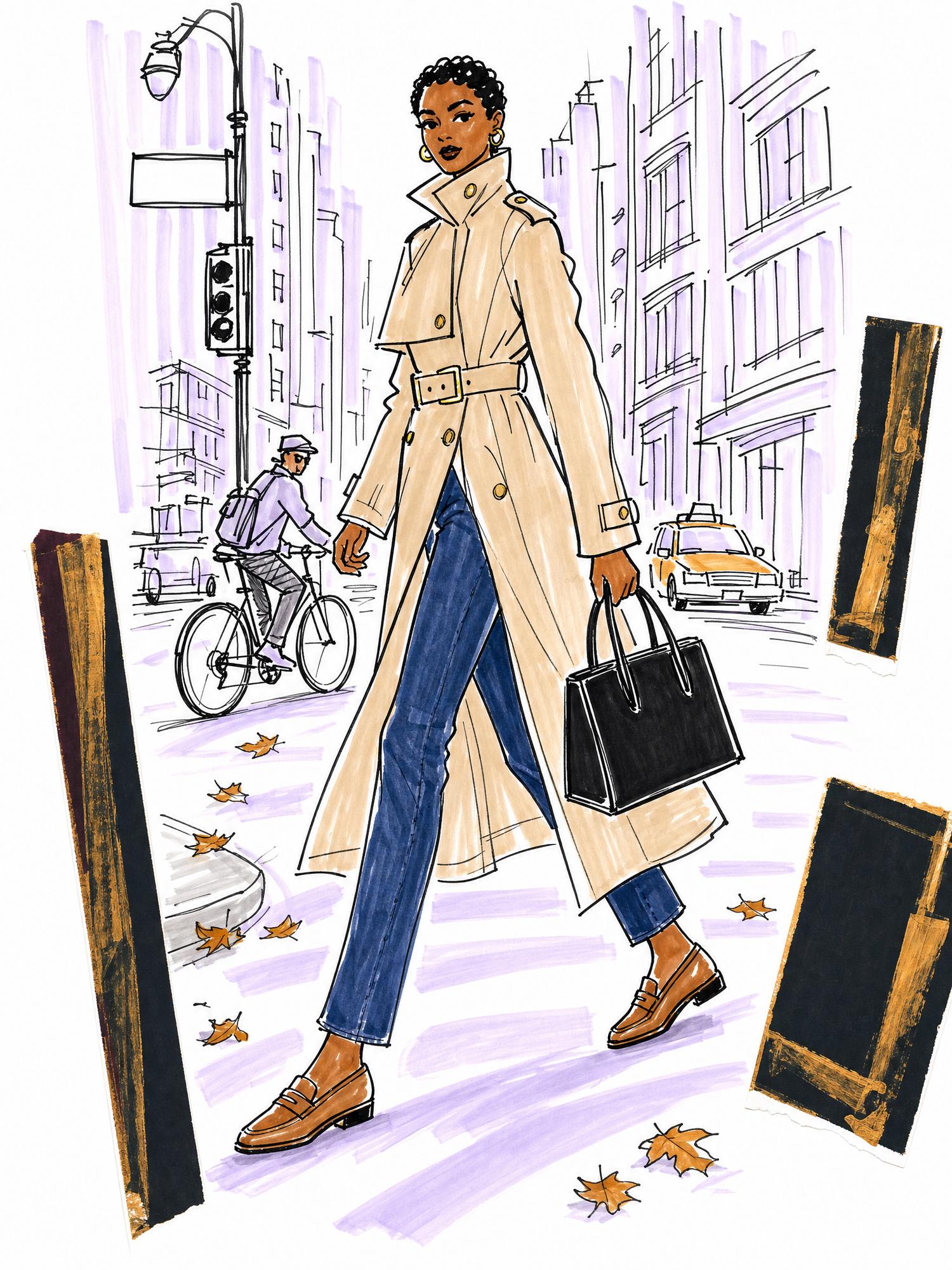 Illustration of a woman crossing Fifth Avenue in a tan belted trench coat, slim blue jeans and tan loafers, carrying a black leather tote