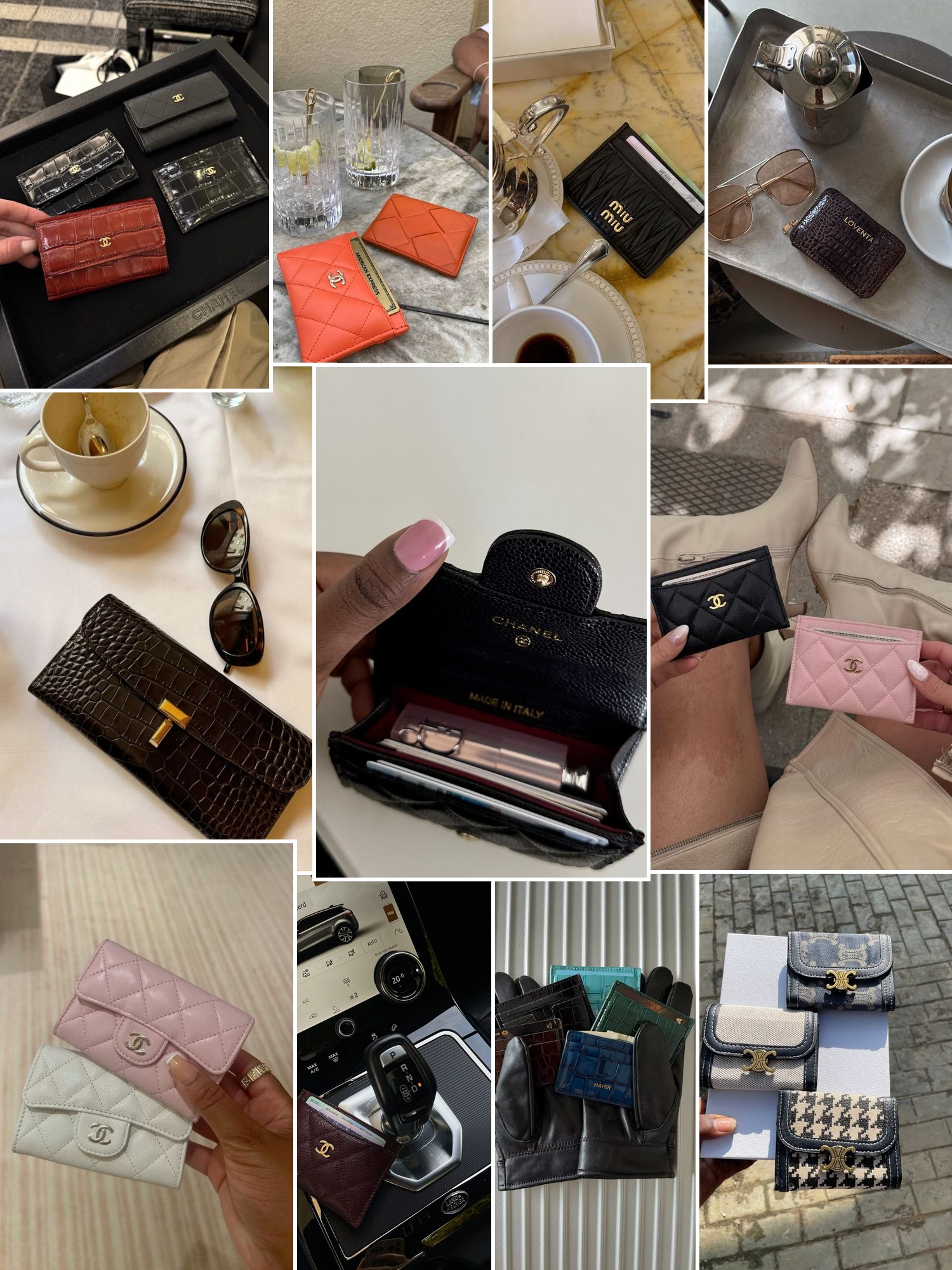 Collage of designer wallets and card cases styled
