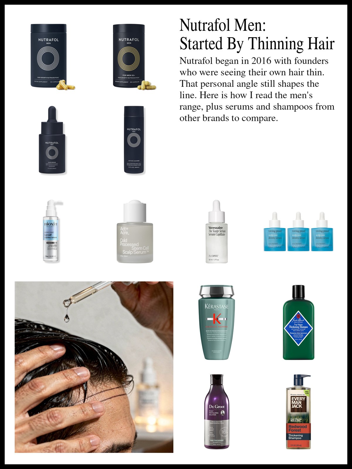 Collage of a supplement bottle, scalp serums, shampoos and conditioners for men, and a mood photo of a man applying a scalp serum with a dropper.