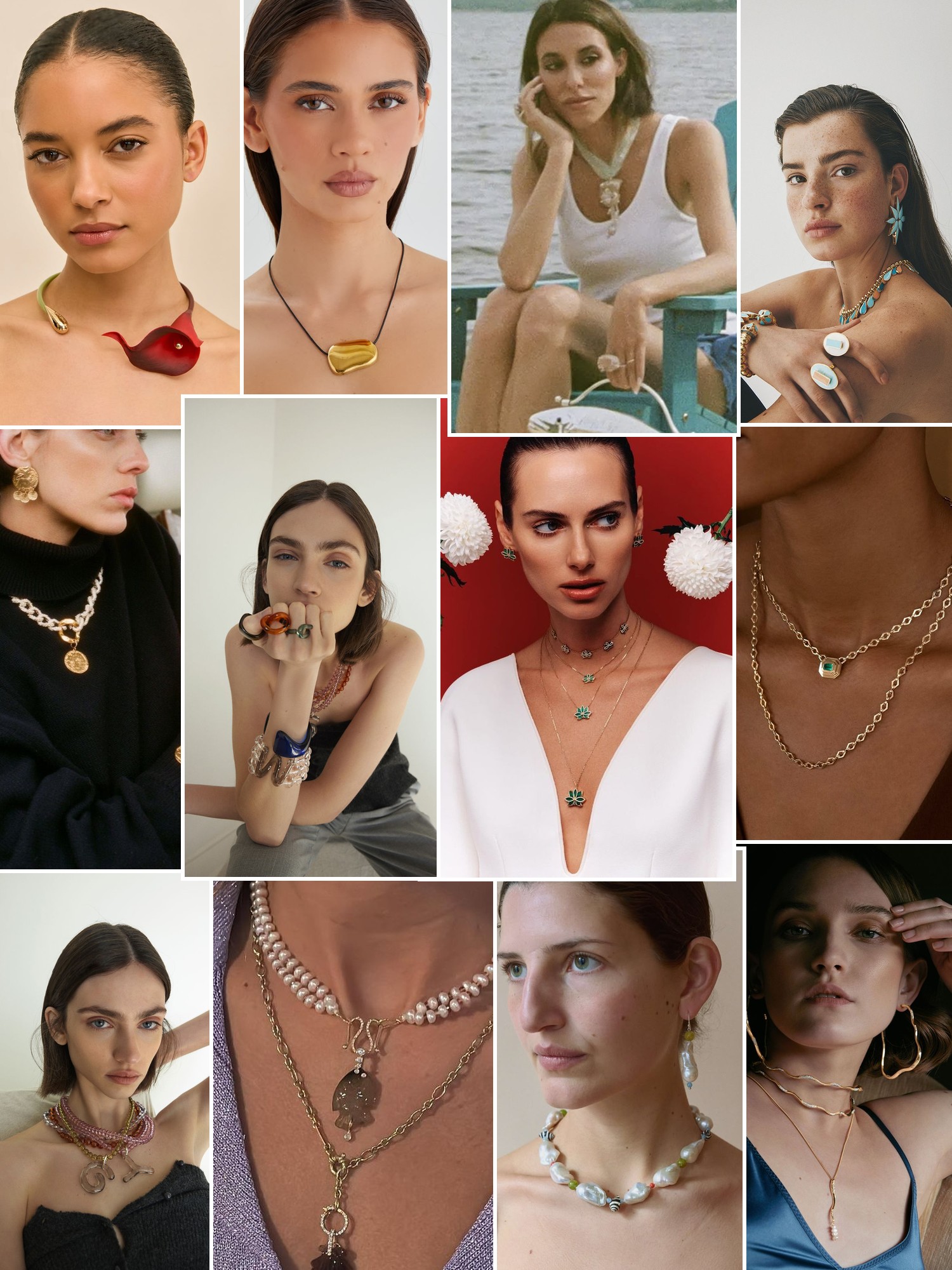 Collage of rings, earrings and layered necklaces worn up close, in the spirit of Gazza Ladra