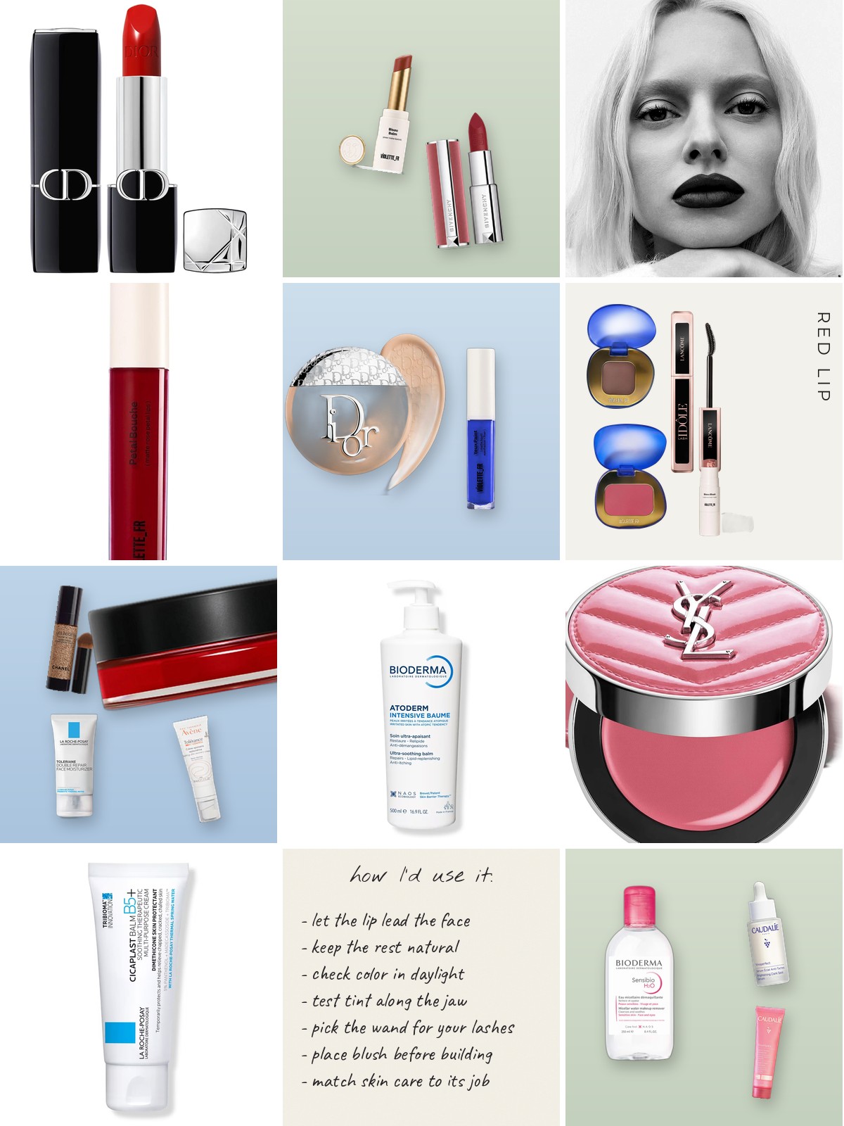 Collage: twenty French makeup products with a how I would use it note
