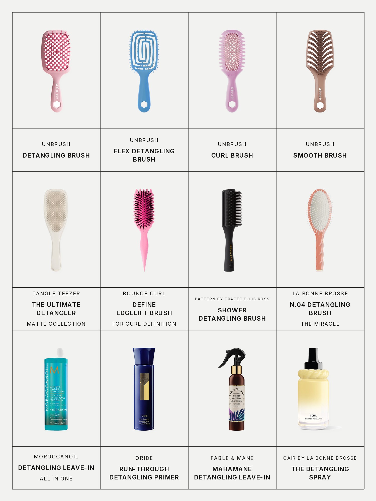 Twelve boxes on a pale grey page, one for each product in this edit, each with its brand and name printed below: Unbrush Detangling Brush, Unbrush Flex Detangling Brush, Unbrush Curl Brush, Unbrush Smooth Brush, Tangle Teezer The Ultimate Detangler Matte Collection, Bounce Curl Define EdgeLift Brush for Curl Definition & Styling Control, Pattern by Tracee Ellis Ross Shower Detangling Brush, La Bonne Brosse N.04 The Miracle Detangling Brush, Moroccanoil Detangling All in One Leave-In Conditioner for all hair types, Oribe Run-Through Detangling Hair Primer, Fable & Mane MahaMane Detangling Leave-in Conditioner and Cair by La Bonne Brosse The Detangling Spray.